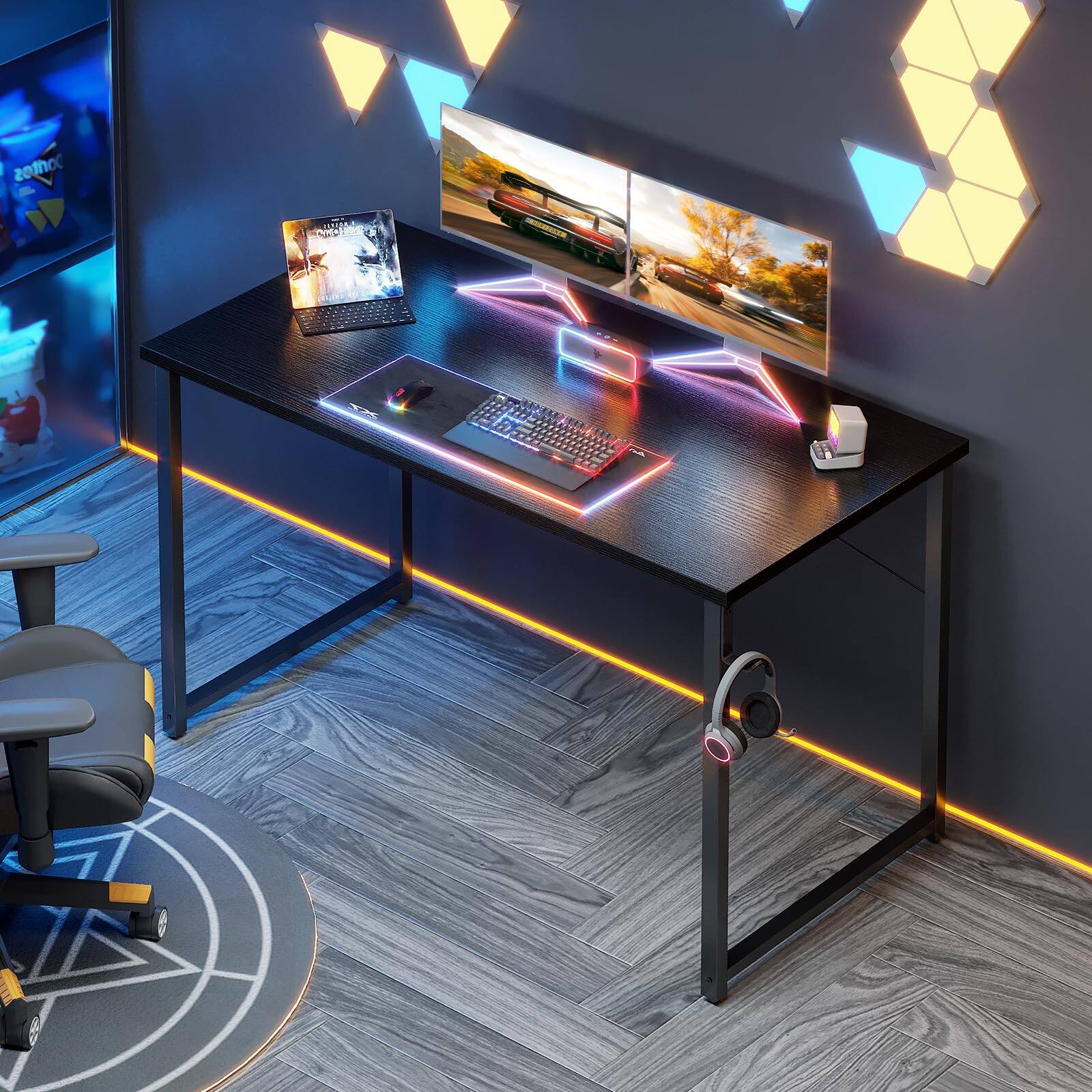 Left. PARKER SLATER - 63 Inches Computer Desk For Small Spaces Study Table Home Office Writing With Headphone Hooks Black.