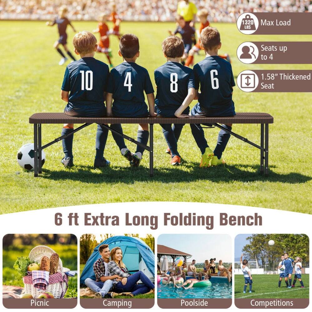 1320 Max Load LBS  
Seats up to 4  
1.58" Thickened Seat  
6 ft Extra Long Folding Bench  

Picnic  
Camping  
Poolside  
Competitions