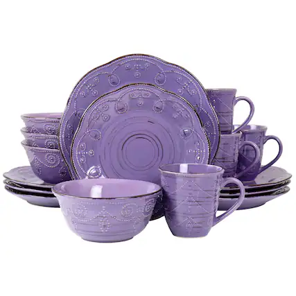 Front. Elama - Elama Rustic Birch 16 Piece Stoneware Dinnerware Set in Purple - Purple.