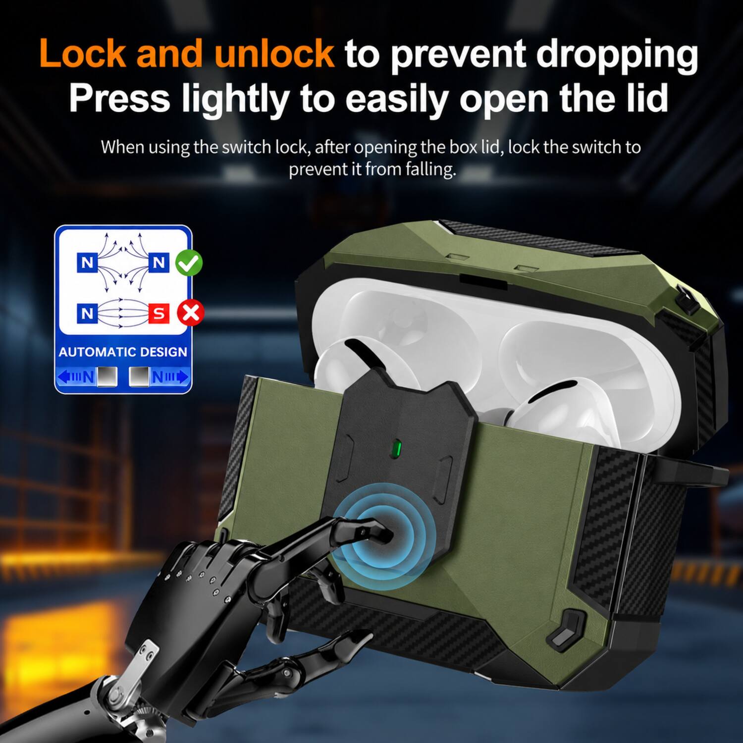 Lock and unlock to prevent dropping  
Press lightly to easily open the lid  

When using the switch lock, after opening the box lid, lock the switch to prevent it from falling.  

N N N S x  
AUTOMATIC DESIGN  
IIN N 06