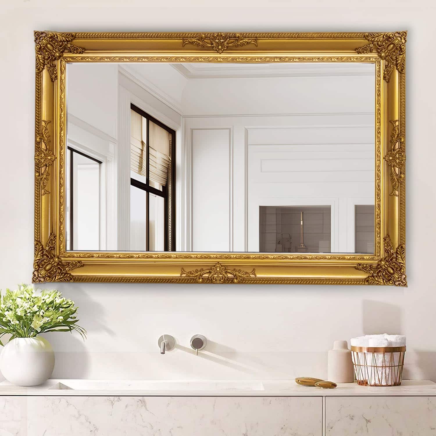Comfort Essence - Vintage Mirror 37 4" X 25 6" Traditional Antique Wall Mirrors With Ornate Baroque Wood Frame Living Room - Gold-41"L x 29.5"W