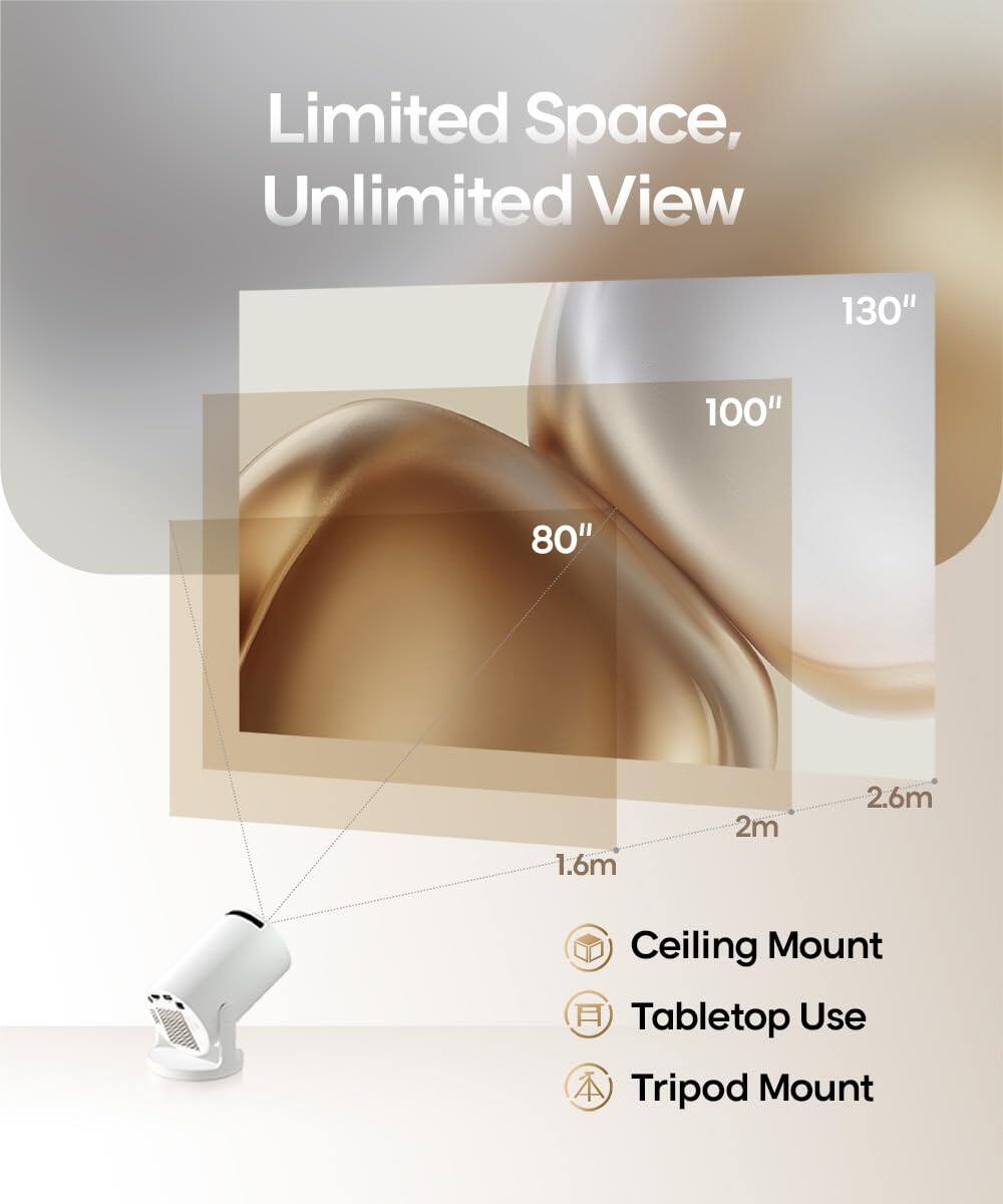 Limited Space, Unlimited View

130" 100" 80" 1.6m 2m 2.6m

Ceiling Mount Tabletop Use Tripod Mount