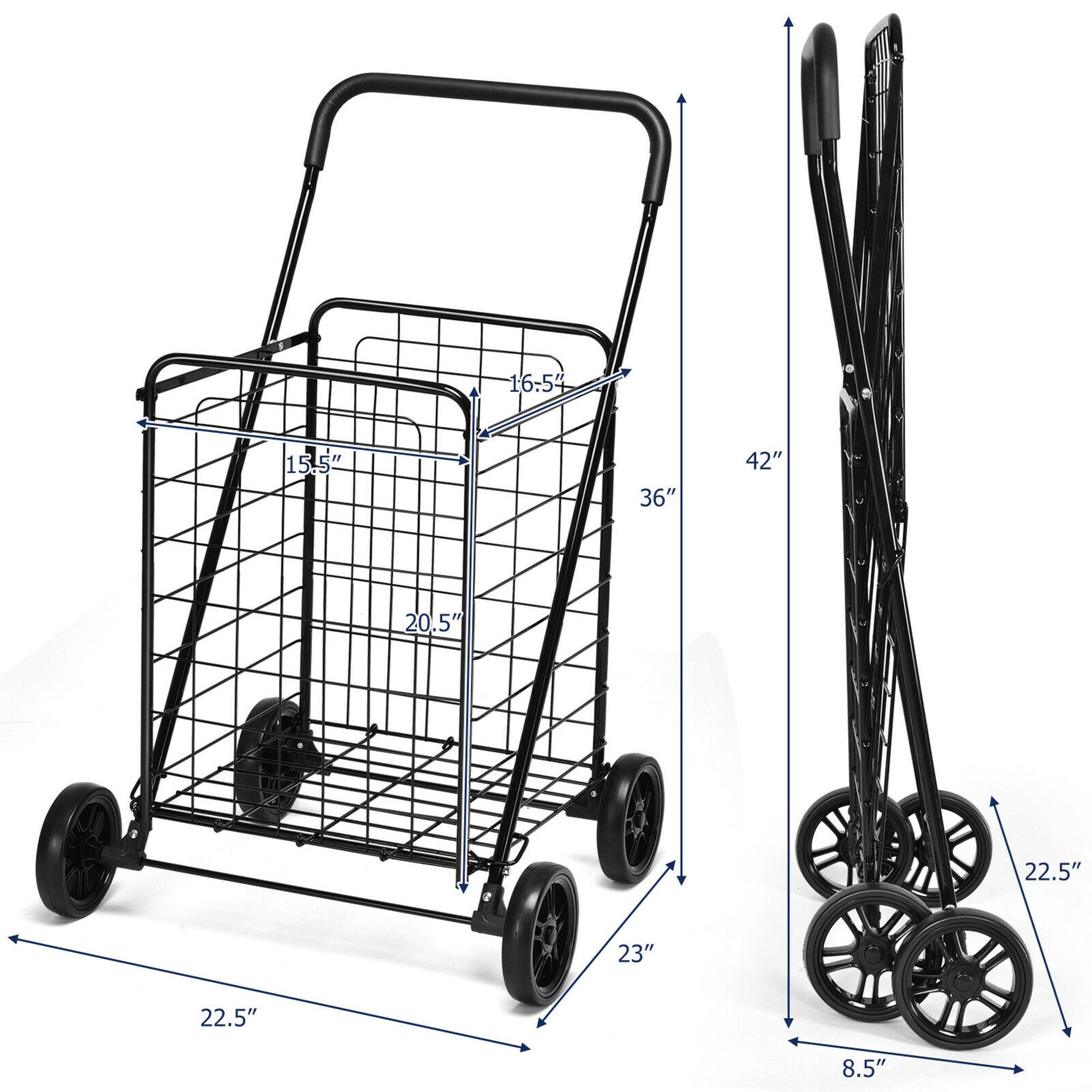 The image shows a black shopping cart with a basket and a pole. The cart is designed to be 36 inches tall, 42 inches wide, and 20.5 inches deep. The basket is 22.5 inches wide and 23 inches deep. The pole is 8.5 inches tall.