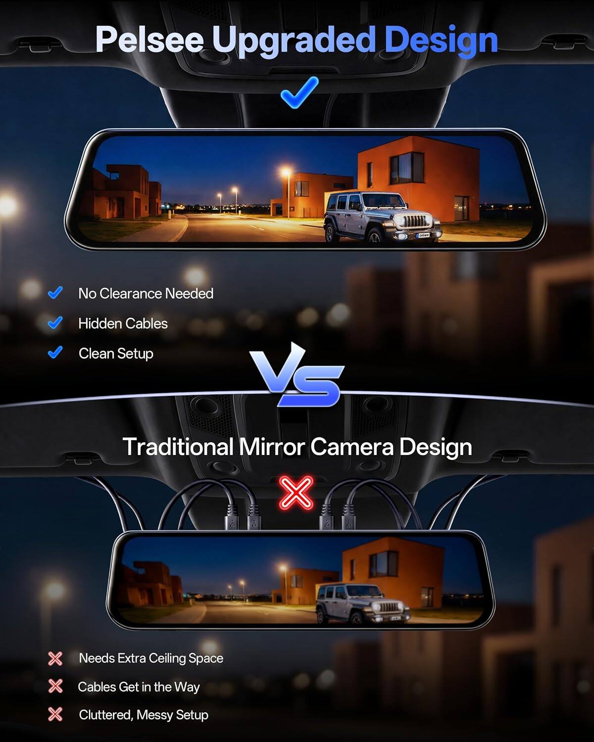 Pelsee Upgraded Design  
No Clearance Needed  
Hidden Cables  
Clean Setup  

VS  

Traditional Mirror Camera Design  
Needs Extra Ceiling Space  
Cables Get in the Way  
Cluttered, Messy Setup