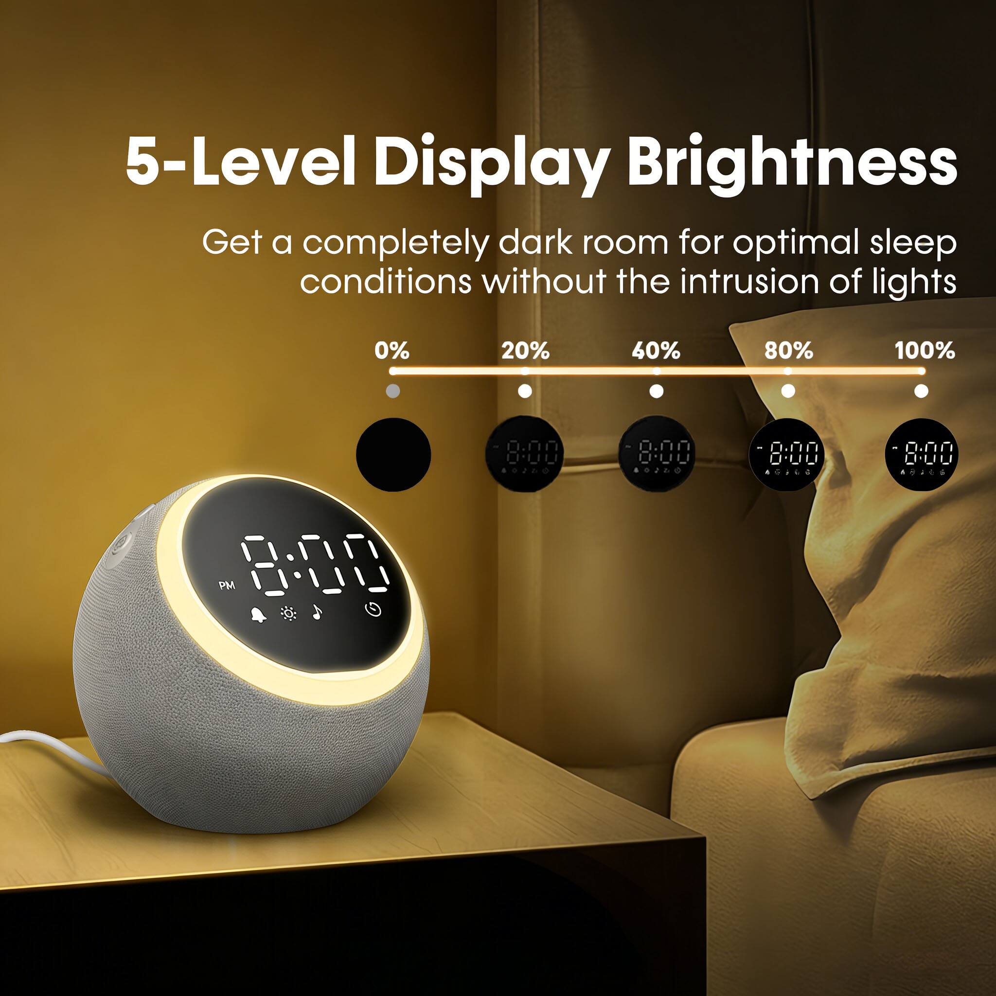 5-Level Display Brightness

Get a completely dark room for optimal sleep conditions without the intrusion of lights

0% 20% 40% 80% 100%