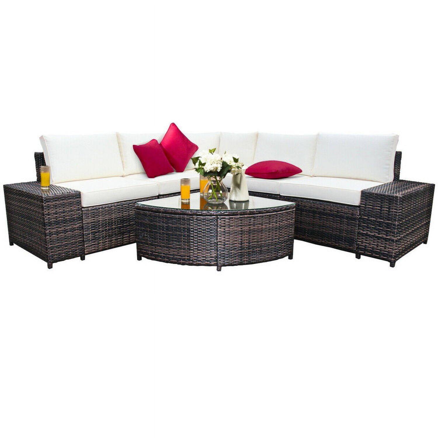 Left. Kadyn - 6 Pc Wicker Patio Sectional Sofa Set with Tempered Glass Coffee Table-White, Patio Seating Conversation - White.