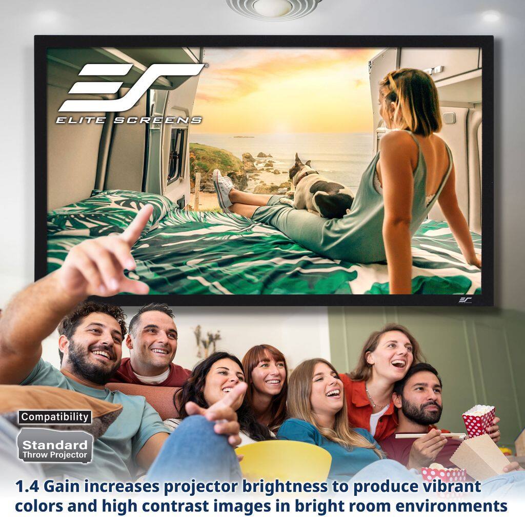 **Elite Screens**

**Compatibility:**
- Standard Throw Projector

**1.4 Gain increases projector brightness to produce vibrant colors and high contrast images in bright room environments**