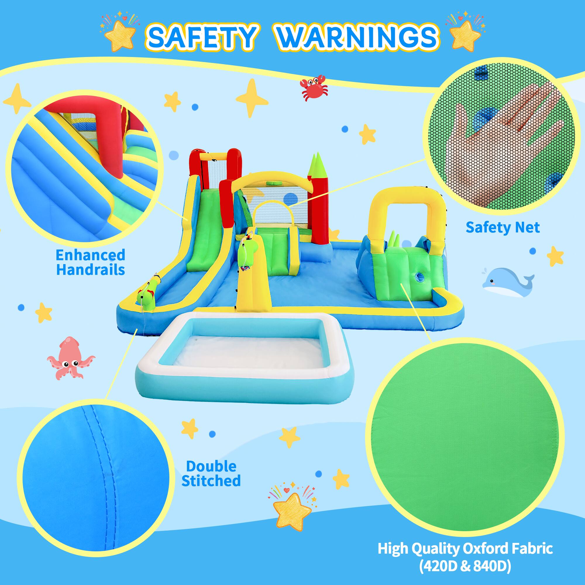 SAFETY WARNINGS

- Enhanced Handrails
- Safety Net
- Double Stitched
- High Quality Oxford Fabric (420D & 840D)