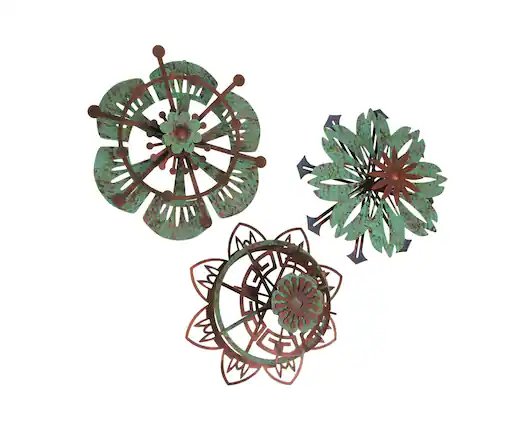 Front. Transpac - Set of 3 Metal Flower Wall Art Copper Verdigris Hanging Decor Floral Sculpture - Multicolored.