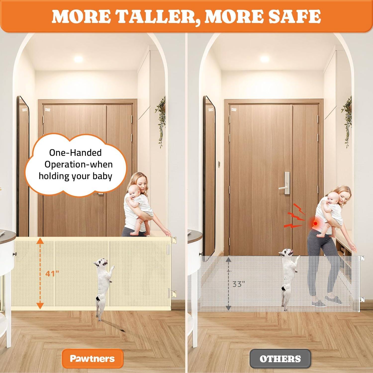 MORE TALLER, MORE SAFE
One-Handed Operation-when holding your baby
41" Pawtners
33" OTHERS
