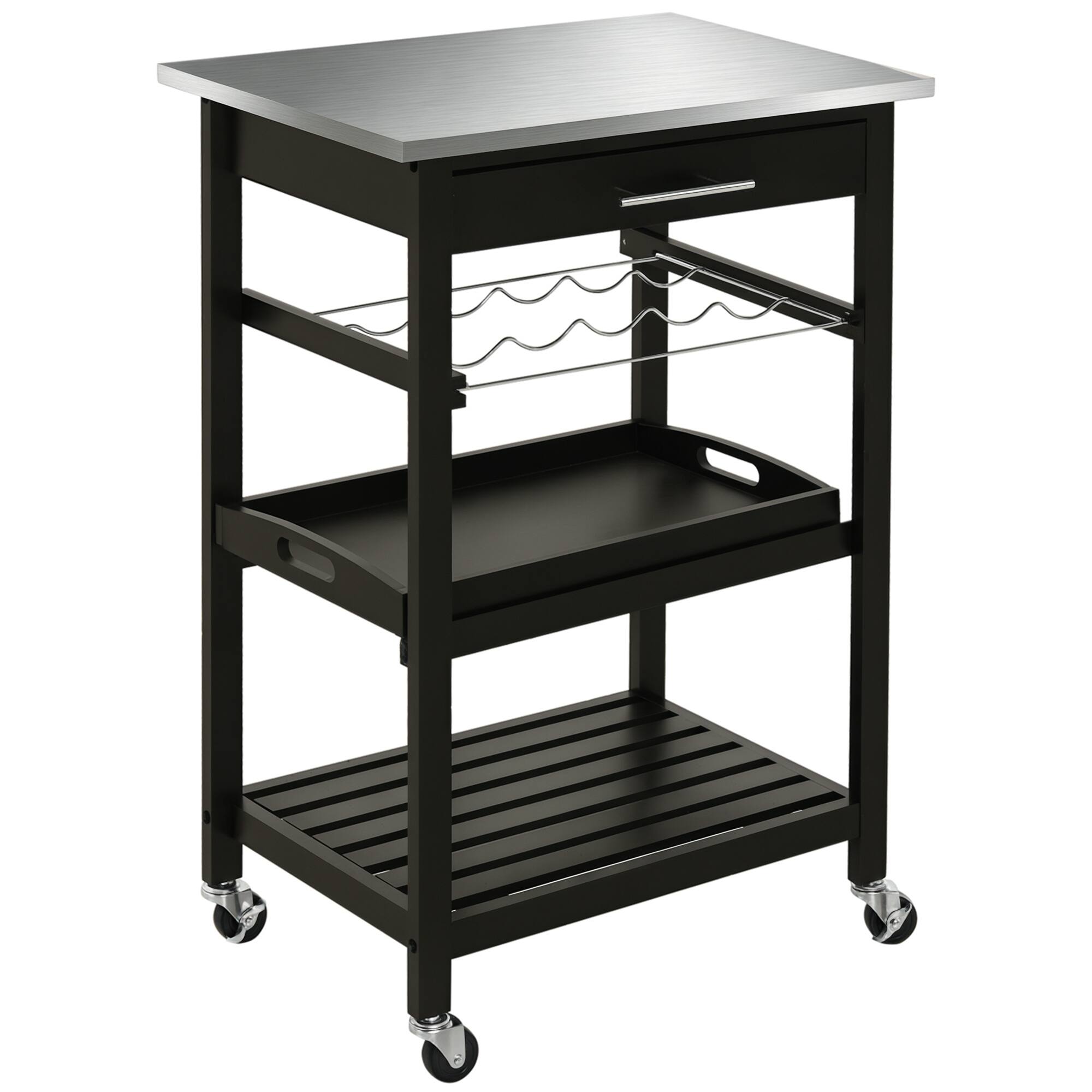 Homcom - Kitchen island Cart Rolling Trolley Utility Serving Cart with Stainless Steel Tabletop, Wine Rack & Drawer - Black