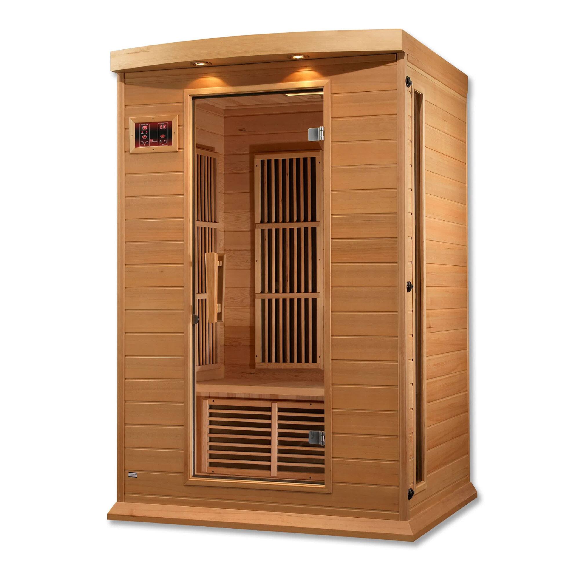 Front. Dynamic Saunas - Dynamic Saunas Toulouse 2 Person Infrared Sauna w/Speakers, Canadian Hemlock - Natural Finish.