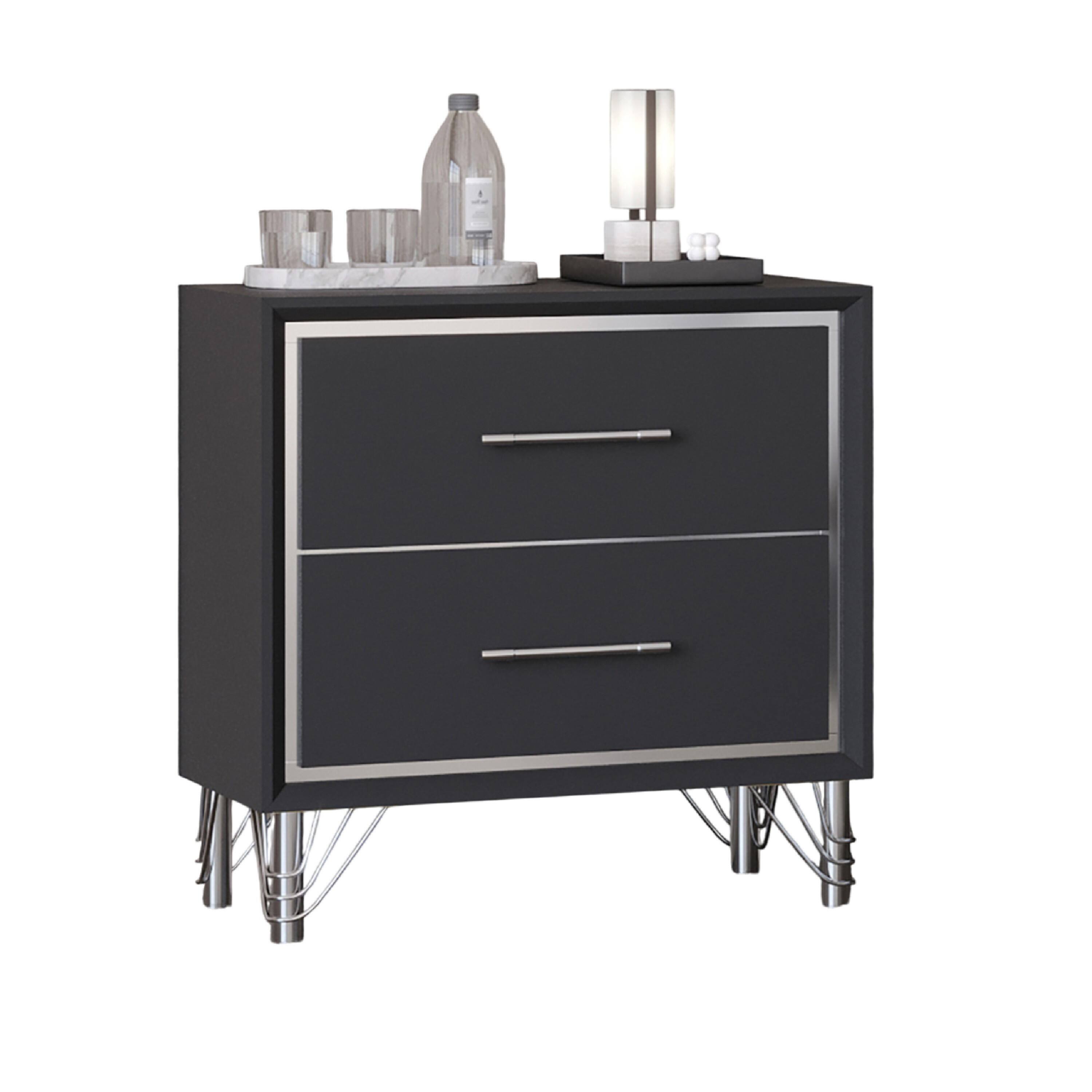 Front. Manhattan Lane - Zoe Modern Nightstand with 2 Drawers, Ebony - Silver, Ebony Black.