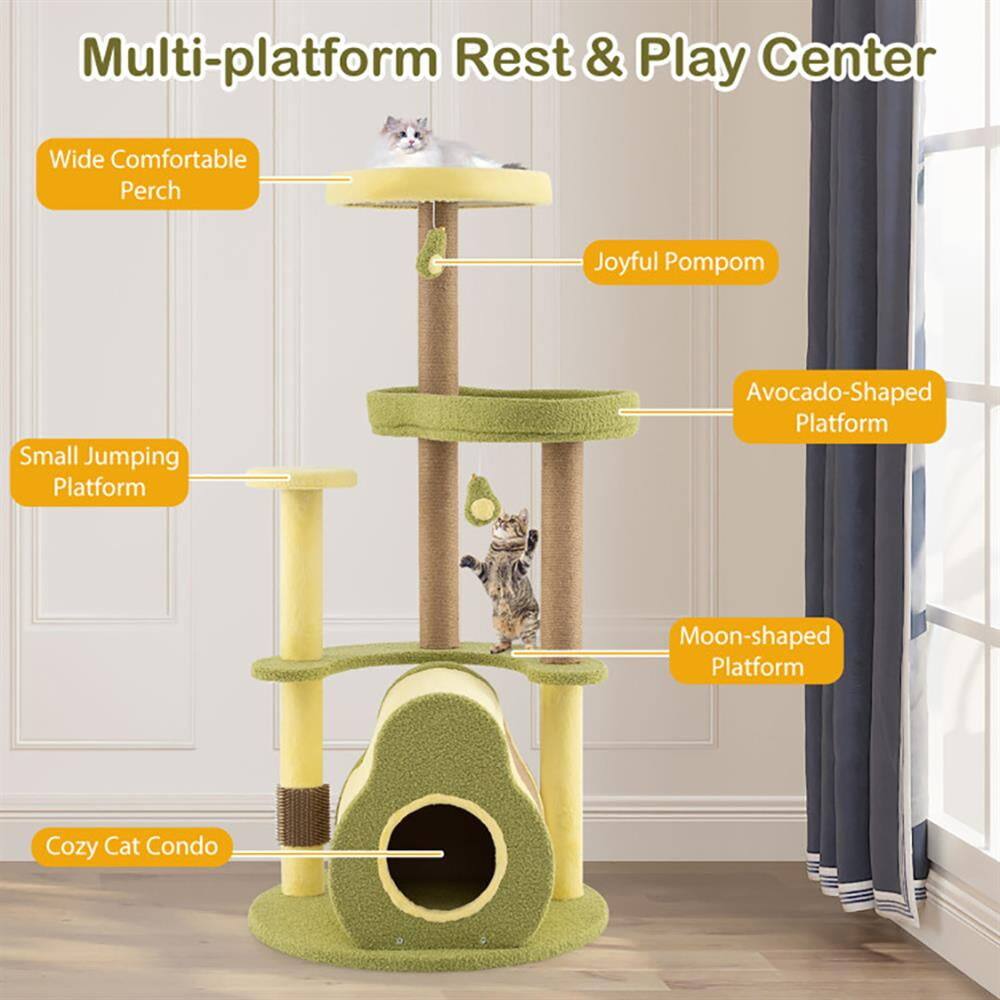 Multi-platform Rest & Play Center

- Wide Comfortable Perch
- Joyful Pom Pom
- Small Jumping Platform
- Avocado-Shaped Platform
- Moon-shaped Platform
- Cozy Cat Condo