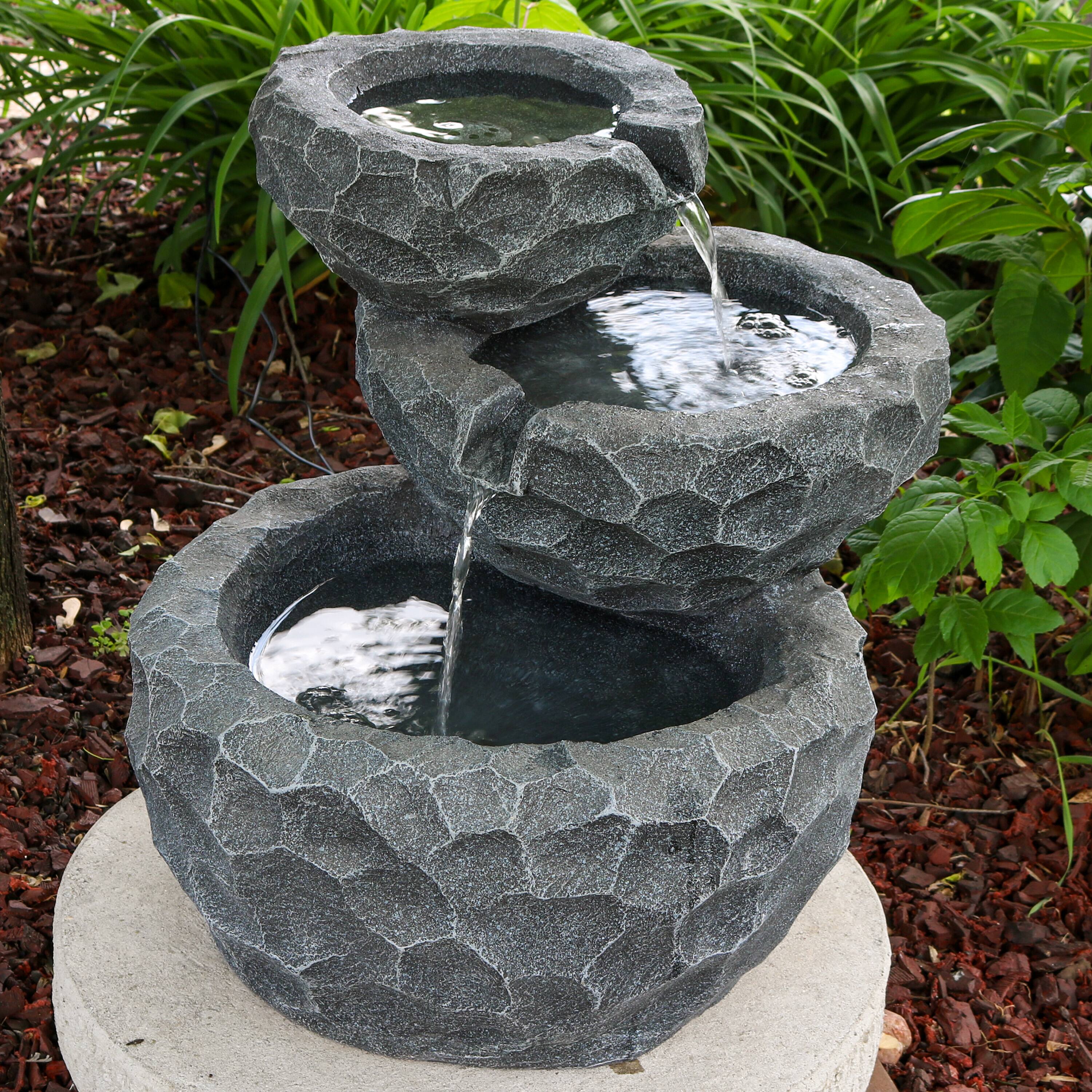 Alt View 9. Sunnydaze - 3-Tier Chiseled Basin Solar Water Fountain with Battery - 17 in - Grey.