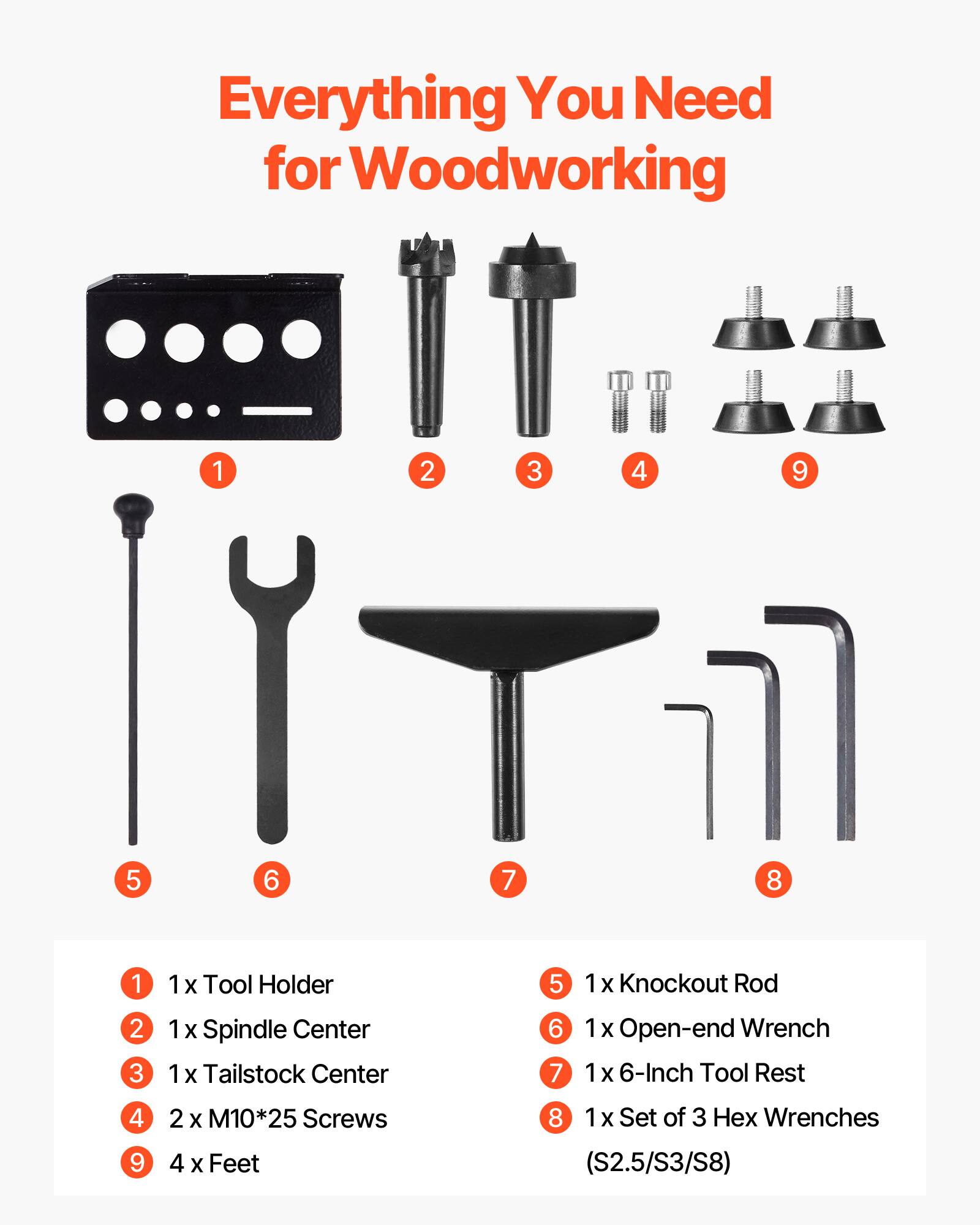 Everything You Need for Woodworking

1. 1 x Tool Holder
2. 1 x Spindle Center
3. 1 x Tailstock Center
4. 2 x M10*25 Screws
5. 1 x Knockout Rod
6. 1 x Open-end Wrench
7. 1 x 6-Inch Tool Rest
8. 1 x Set of 3 Hex Wrenches (S2.5/S3/S8)
9. 4 x Feet