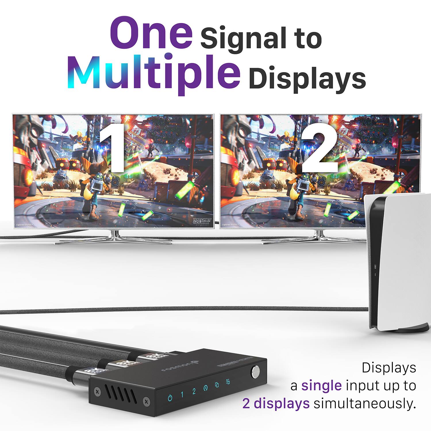 One Signal to Multiple Displays

Displays a single input up to 2 displays simultaneously.