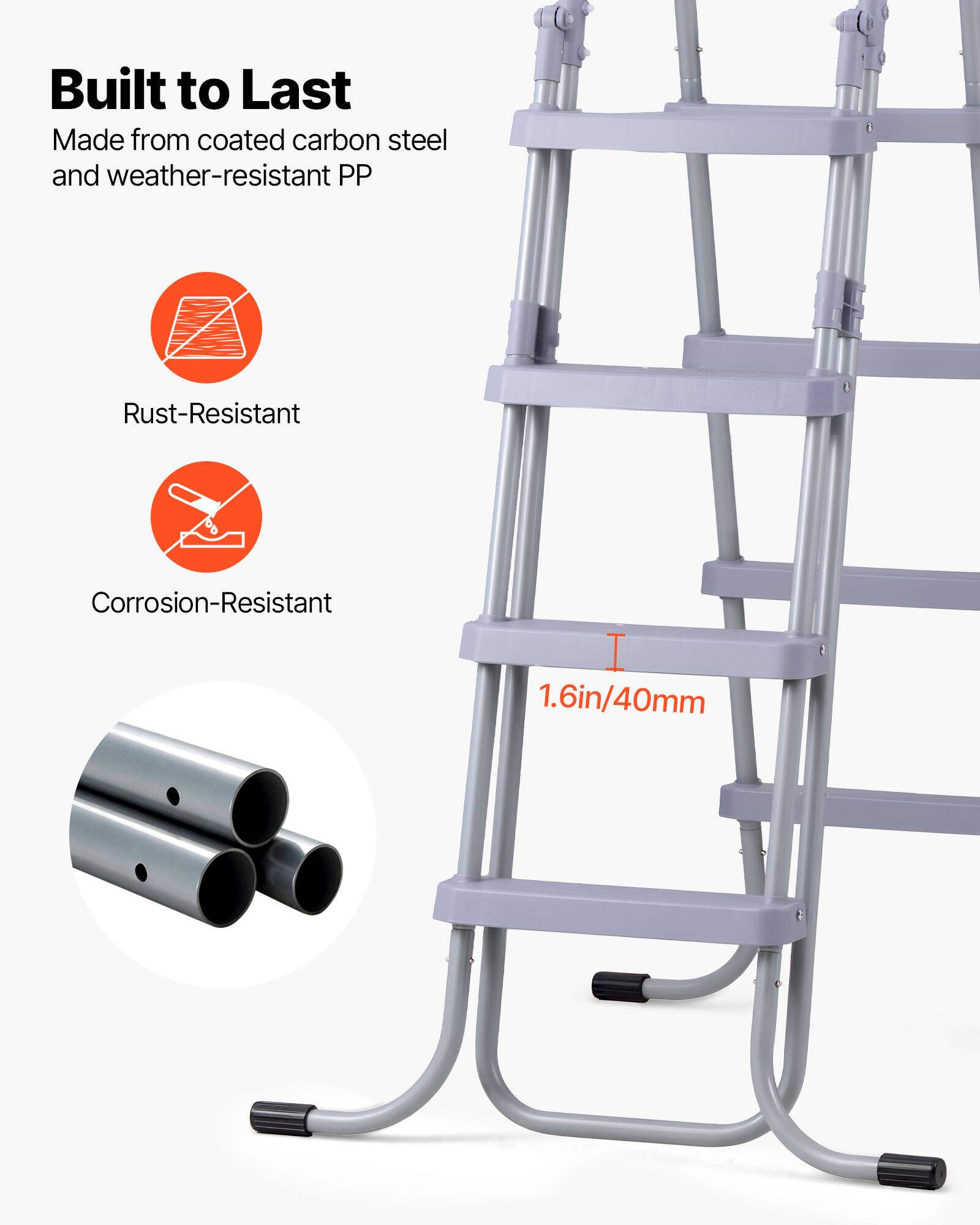 Built to Last  
Made from coated carbon steel and weather-resistant PP  
Rust-Resistant  
Corrosion-Resistant  
1.6in/40mm