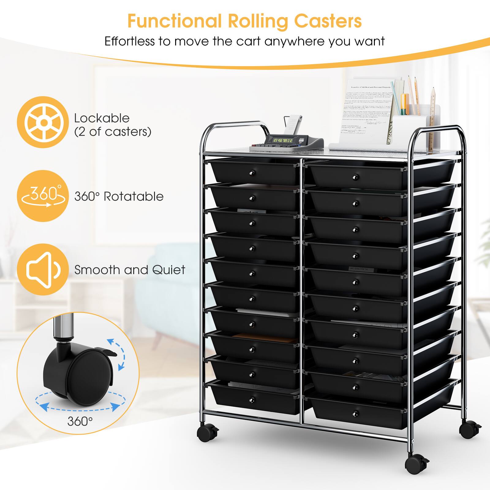 Functional Rolling Casters: Effortless to move the cart anywhere you want. Lockable (2 of casters) 360° Rotatable, Smooth and Quiet.