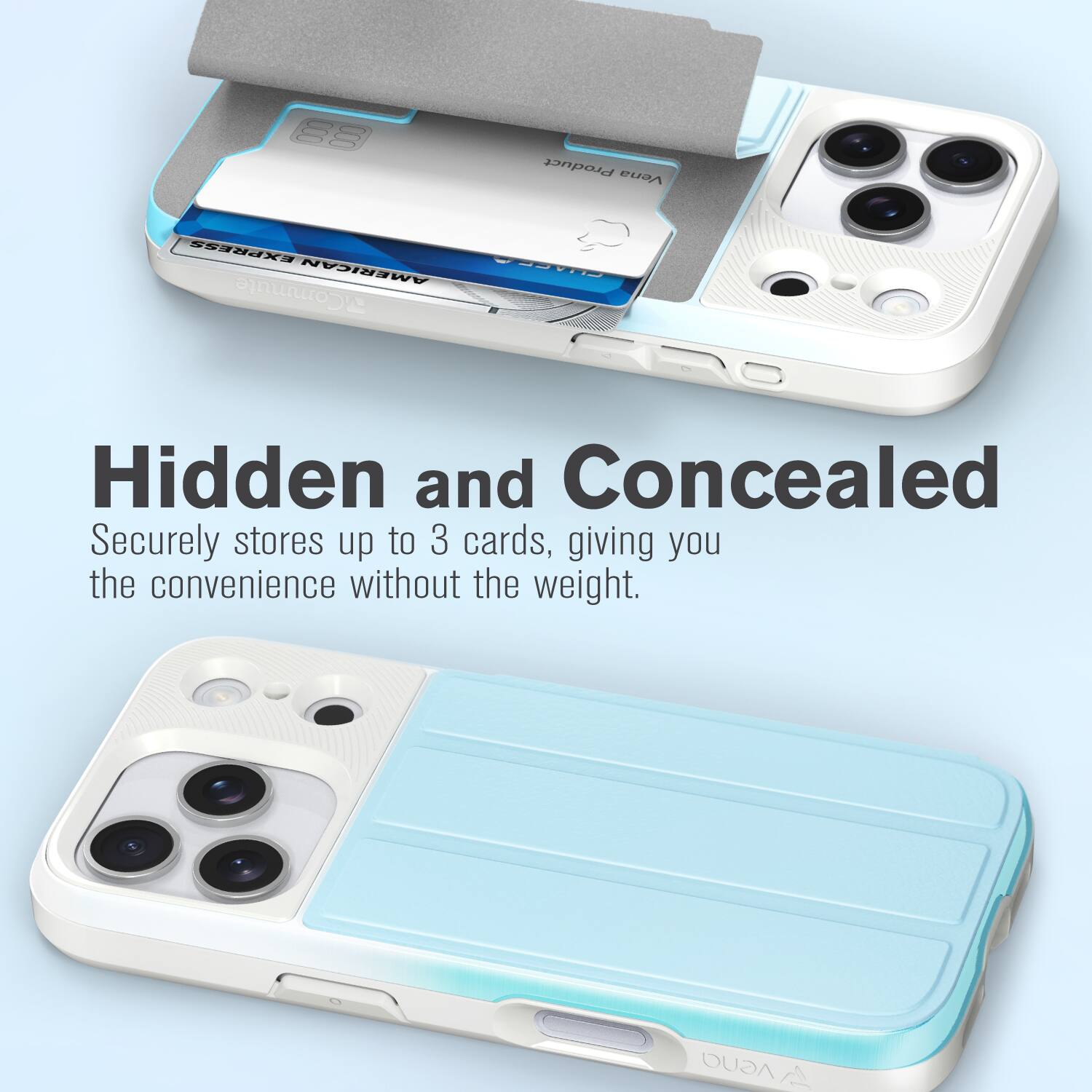 Hidden and Concealed  
Securely stores up to 3 cards, giving you the convenience without the weight.