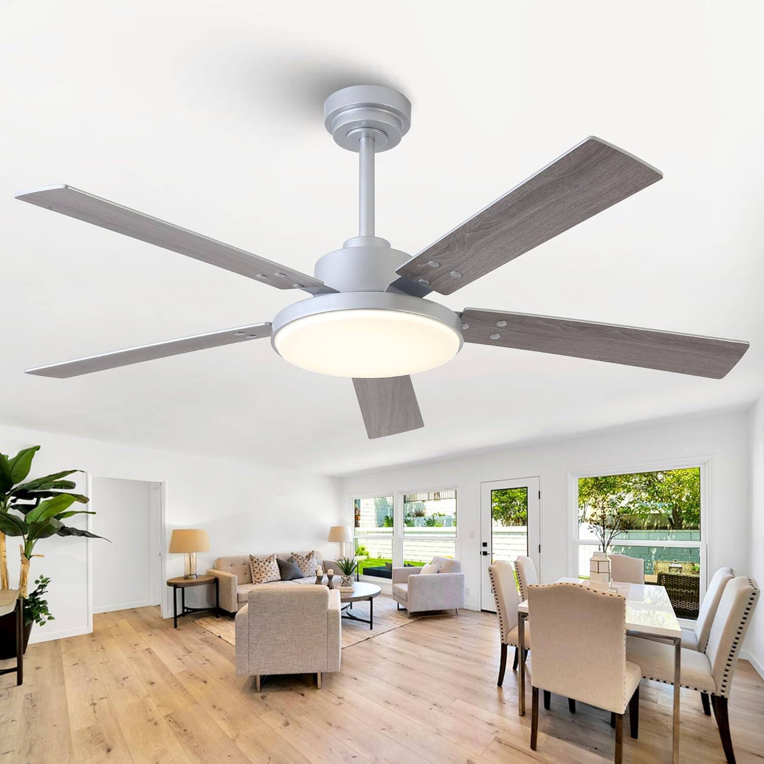 Front. Schertz - 52" Smart Ceiling Fan with Light & Remote, Silver, 6 Speeds, Quiet.