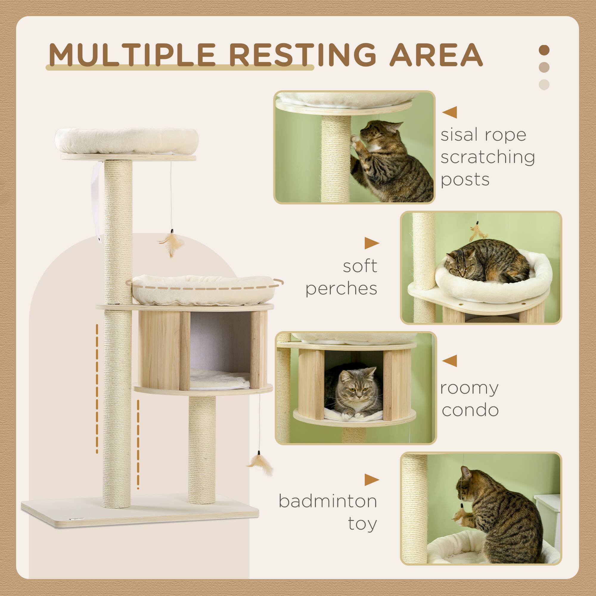 MULTIPLE RESTING AREA

- sisal rope scratching posts
- soft perches
- roomy condo
- badminton toy
