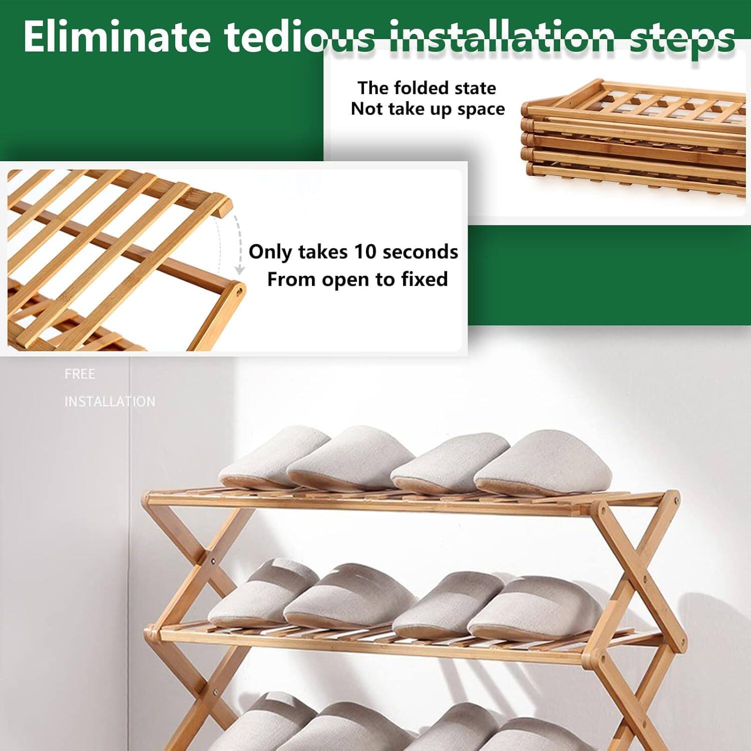 Eliminate tedious installation steps

The folded state  
Not take up space

Only takes 10 seconds  
From open to fixed

FREE INSTALLATION