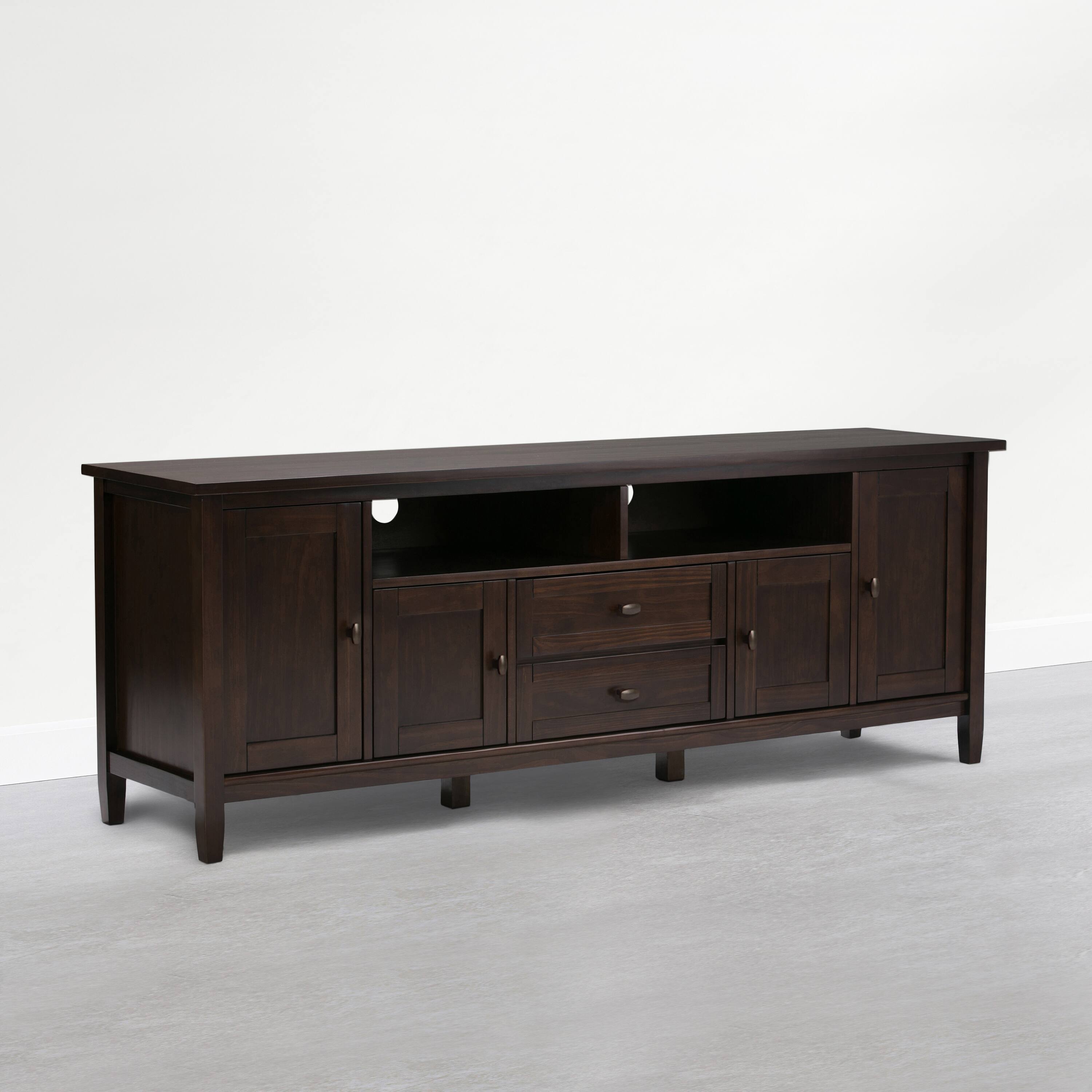 Angle. Simpli Home - Warm Shaker 72 inch Wide Solid Wood TV Stand, Mocha Brown - Mocha Brown.