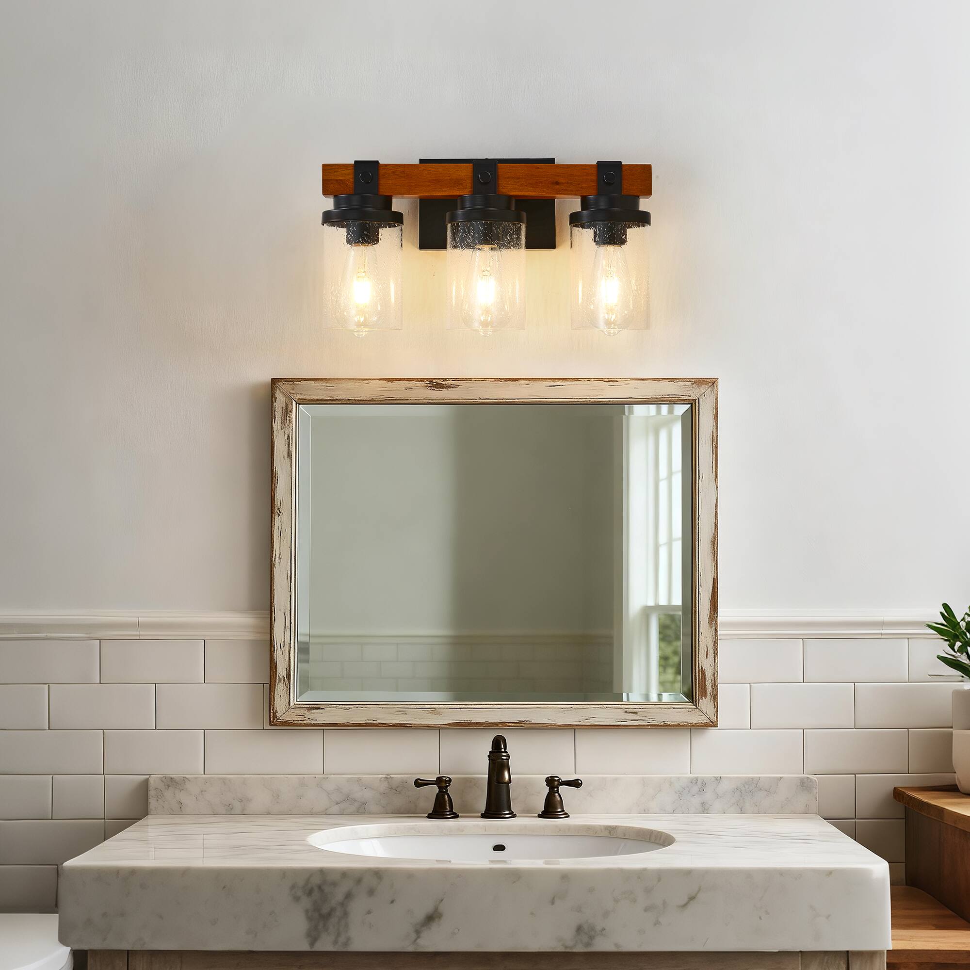 Left. TinyHomie - 3 Light Matte Black And Wooden Wall Lamps With Glass Shades No Bulbs For Bathroom Or Bedroom.