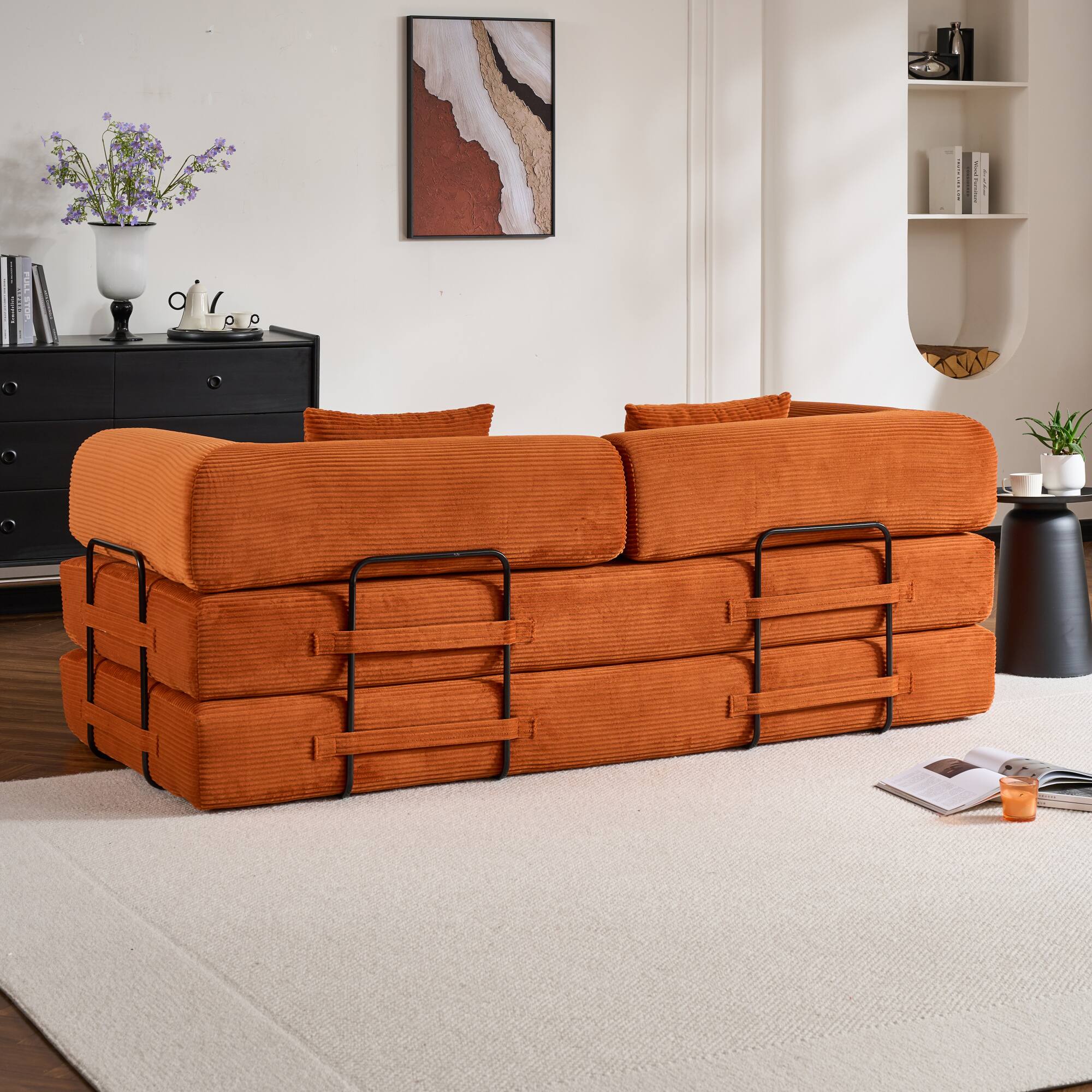 Alt View 7. GOODSILO - Convertible Sleeper Sofa in Cylindroy Fabric | Features a Cylindrical Pillow & Space-Saving Foldable Design - Orange.