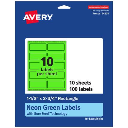 Go to avery.com/templates
AVERY
Use Avery Template Presta* 94205
10 labels per sheet
10 sheets
100 labels
1-1/2" x 3-3/4" Rectangle
Neon Green Labels with Sure Feed Technology for Laser/Inkjet