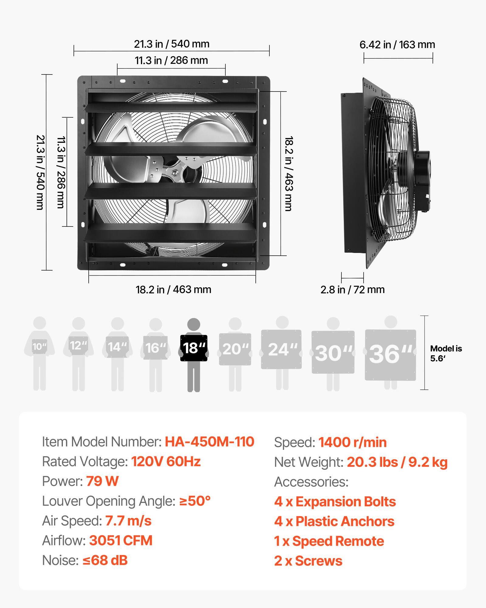 21.3 in / 540 mm  
11.3 in / 286 mm  
6.42 in / 163 mm  
18.2 in / 463 mm  
2.8 in / 72 mm  

10" 12" 14" 16" 18" 20" 24" 30" 36"  
Model is 5.6'  

Item Model Number: HA-450M-110  
Speed: 1400 r/min  
Rated Voltage: 120V 60Hz  
Net Weight: 20.3 lbs / 9.2 kg  
Power: 79 W  
Accessories:  
- 4 x Expansion Bolts  
- 4 x Plastic Anchors  
- 1 x Speed Remote  
- 2 x Screws  

Louver Opening Angle: ≥50°  
Air Speed: 7.7 m/s  
Airflow: 3051 CFM  
Noise: ≤68 dB