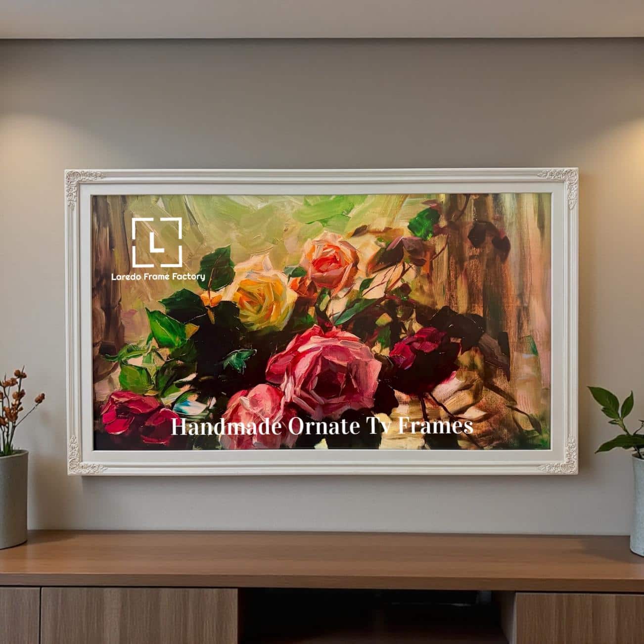 LAREDO FRAME FACTORY - 75 inch Handmade Ornate Tv Frame For TCL A300W NXTVISION Tv - SOFT IVORY