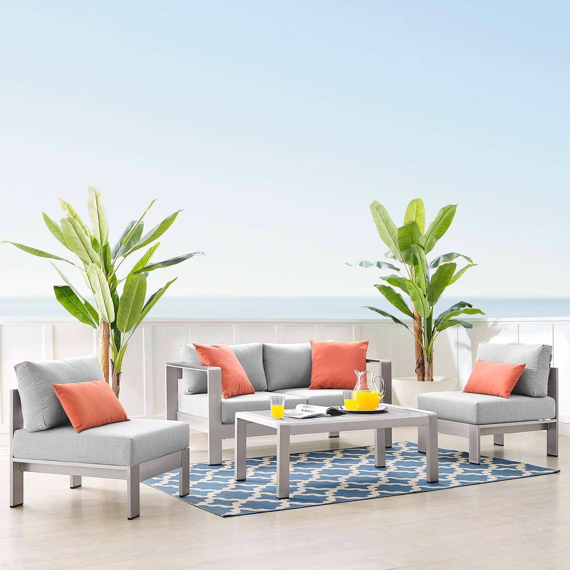 Front. Modway - Shore 4 Piece Sunbrella® Fabric Outdoor Patio Aluminum Set by Modway - Silver Gray.