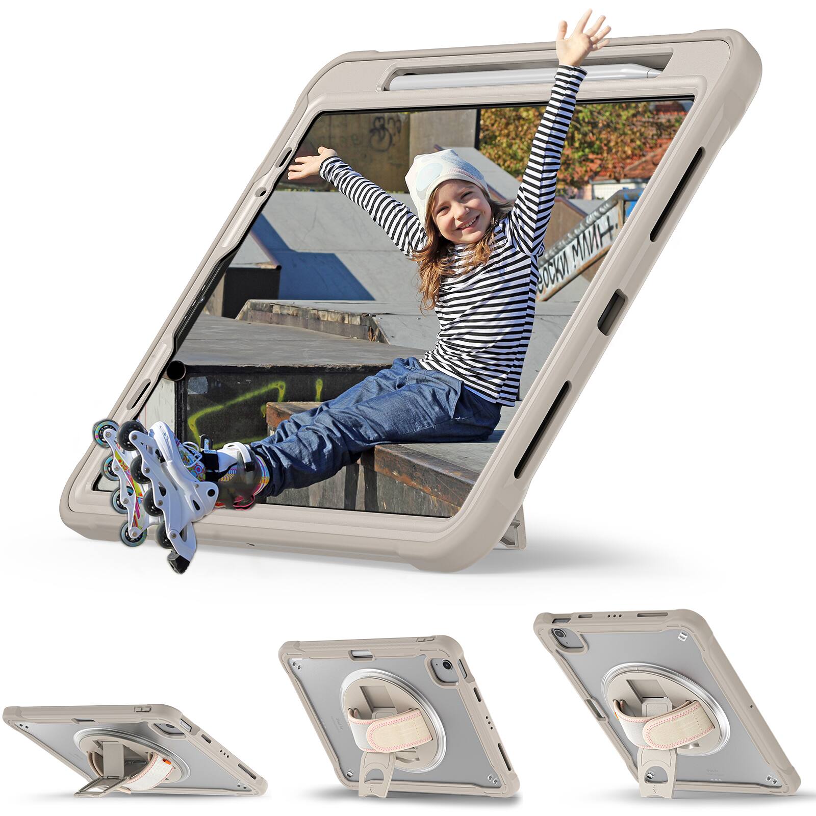 Alt View 4. Dteck - Rugged Case for iPad Air 13-inch M4 (2026)/ M3 (2025) / M2 Shockproof Handstrap Foldable Kickstand Cover+Crossbody Strap - Khaki.