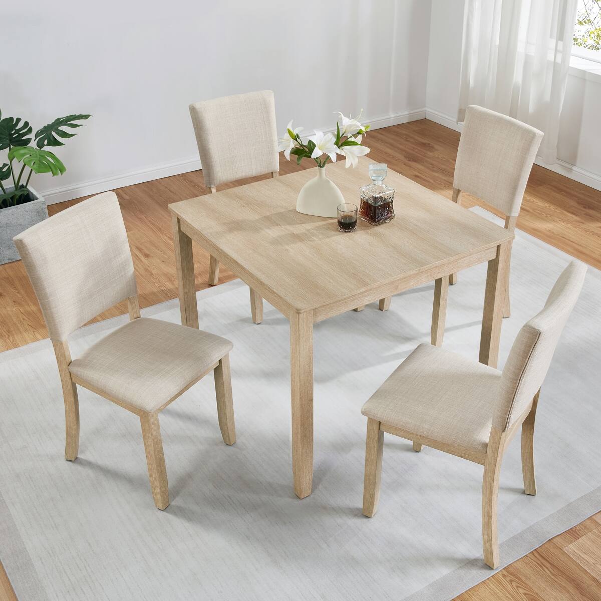 Angle. Loheer - Loheer 5 Piece Dining Table Set for 4, Square Wood Table with Beige Upholstered Chairs, Light Oak - Light Oak and Beige.