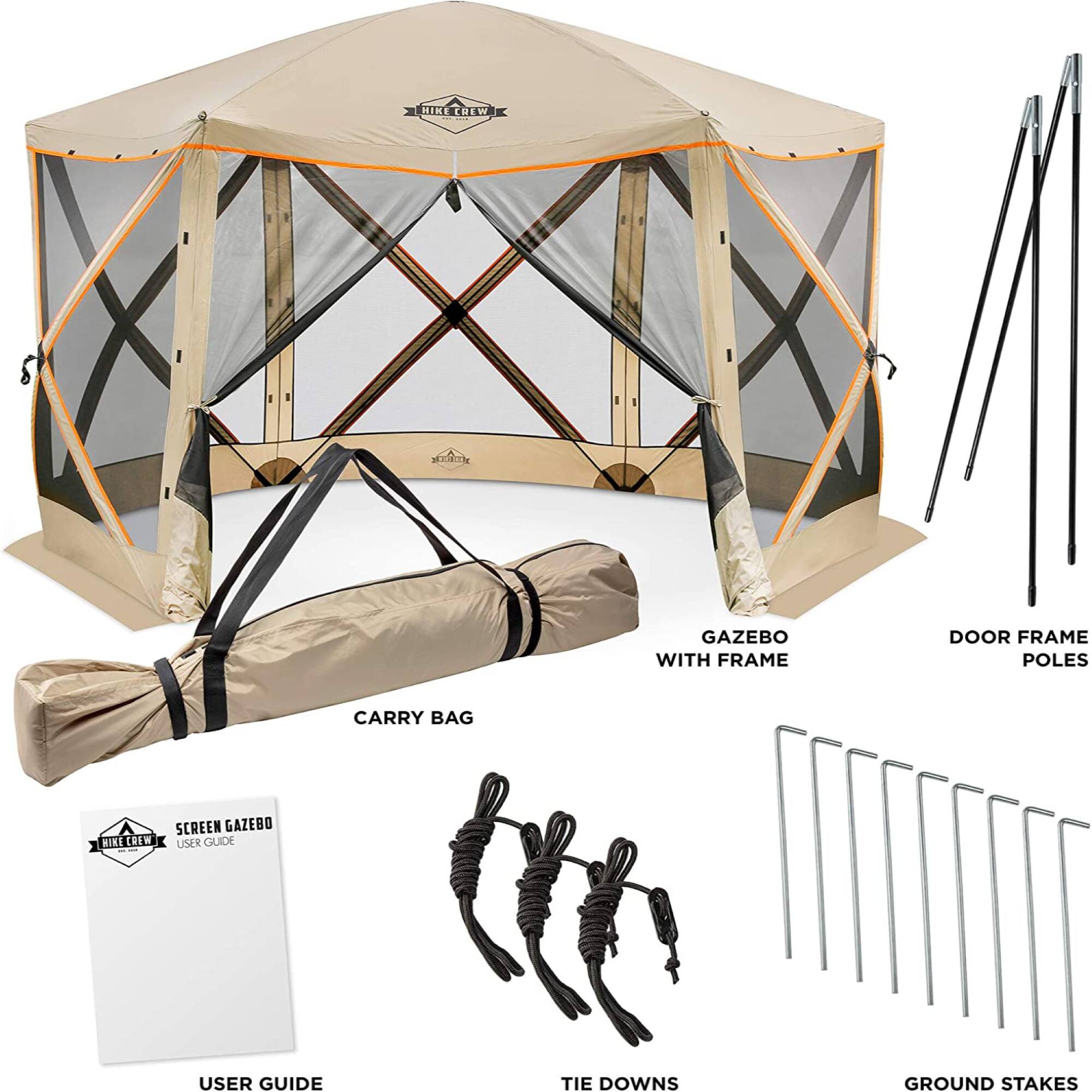 HIKE CREW GAZEBO WITH FRAME DOOR FRAME POLES CARRY BAG SCREEN GAZEBO USER GUIDE TIE DOWNS GROUND STAKES