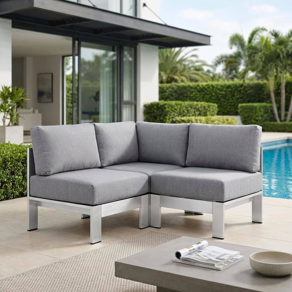 Left. Outdoor Escape - Aluminum Corner Sofa For Outdoor Patio With Backrest And Cushions - Gray.