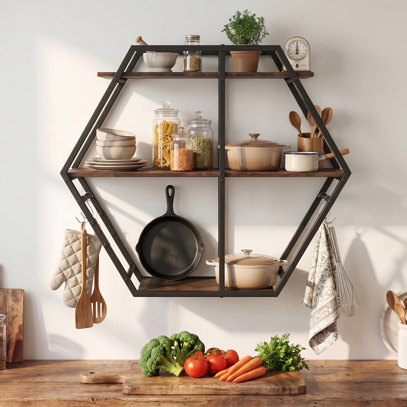 Alt View 5. Gymax - Gymax Hexagon Shelf for Wall 3-Tier Geometric Bookcase w/4 S-Shaped Hooks Metal Frame - Brown.