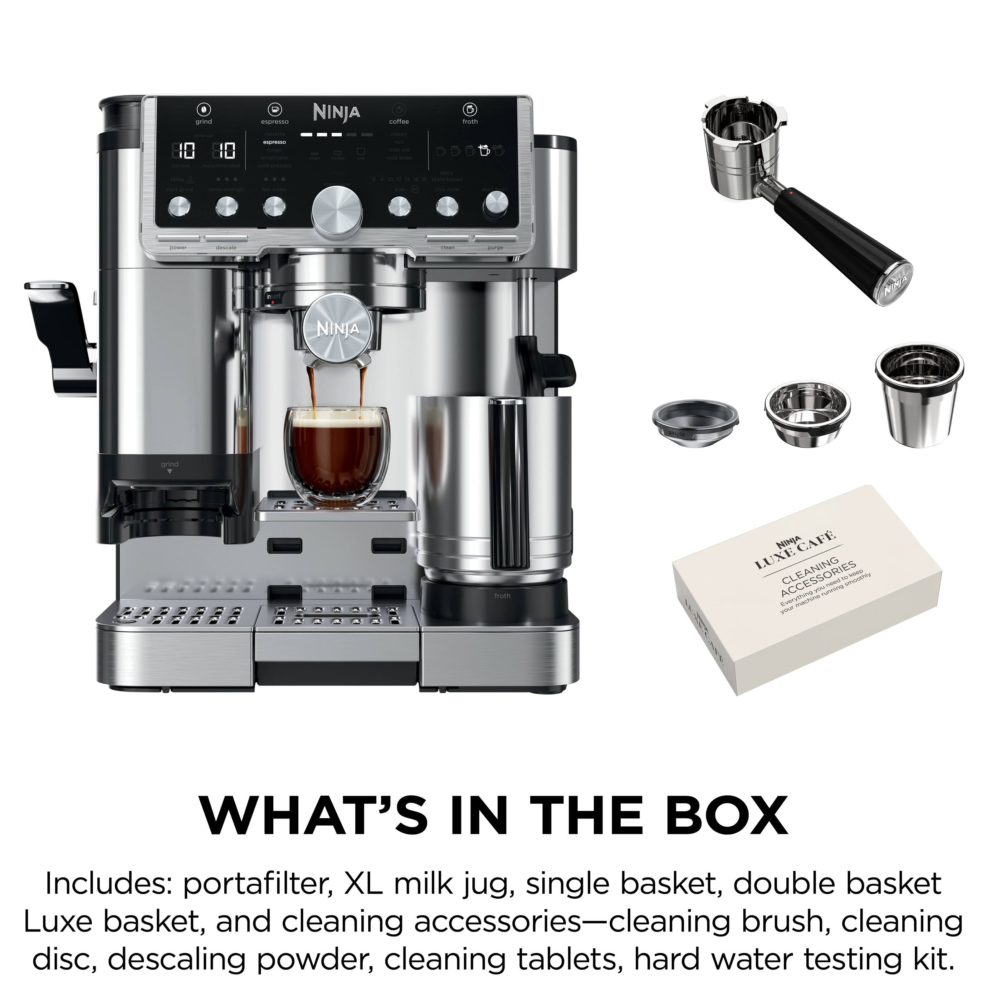 NINJA CAFE LUXE CLEANING

WHAT'S IN THE BOX
Includes: portafilter, XL milk jug, single basket, double basket Luxe basket, and cleaning accessories—cleaning brush, cleaning disc, descaling powder, cleaning tablets, hard water testing kit.