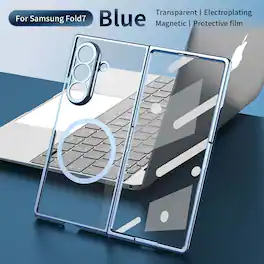 Dteck - for Samsung Galaxy Z Fold7 Clear Magnetic Case Built-in Screen Protector,Glossy Hard PC Back Cover Shock-absorbent Shell - Blue