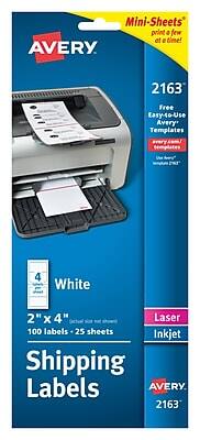 Mini-Sheets® print a few at a time!
AVERY 2163
Free Easy-to-Use Avery Templates
avery.com/templates
White
2" x 4" (100 labels per sheet)
100 labels - 25 sheets
Laser Inkjet
Shipping Labels
AVERY 2163