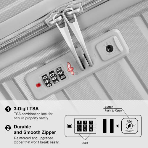 PG <SA Safe Skla2 - - 9 - 9 8 9 e 8 R 1 3-Digit TSA combination lock for secure property safety. 2 Durable and Smooth Zipper Reinforced and upgraded zipper that won't break easily. 1 1 1 0 0 0 9 9 9 Dials Button Push to Open TSA safe switch