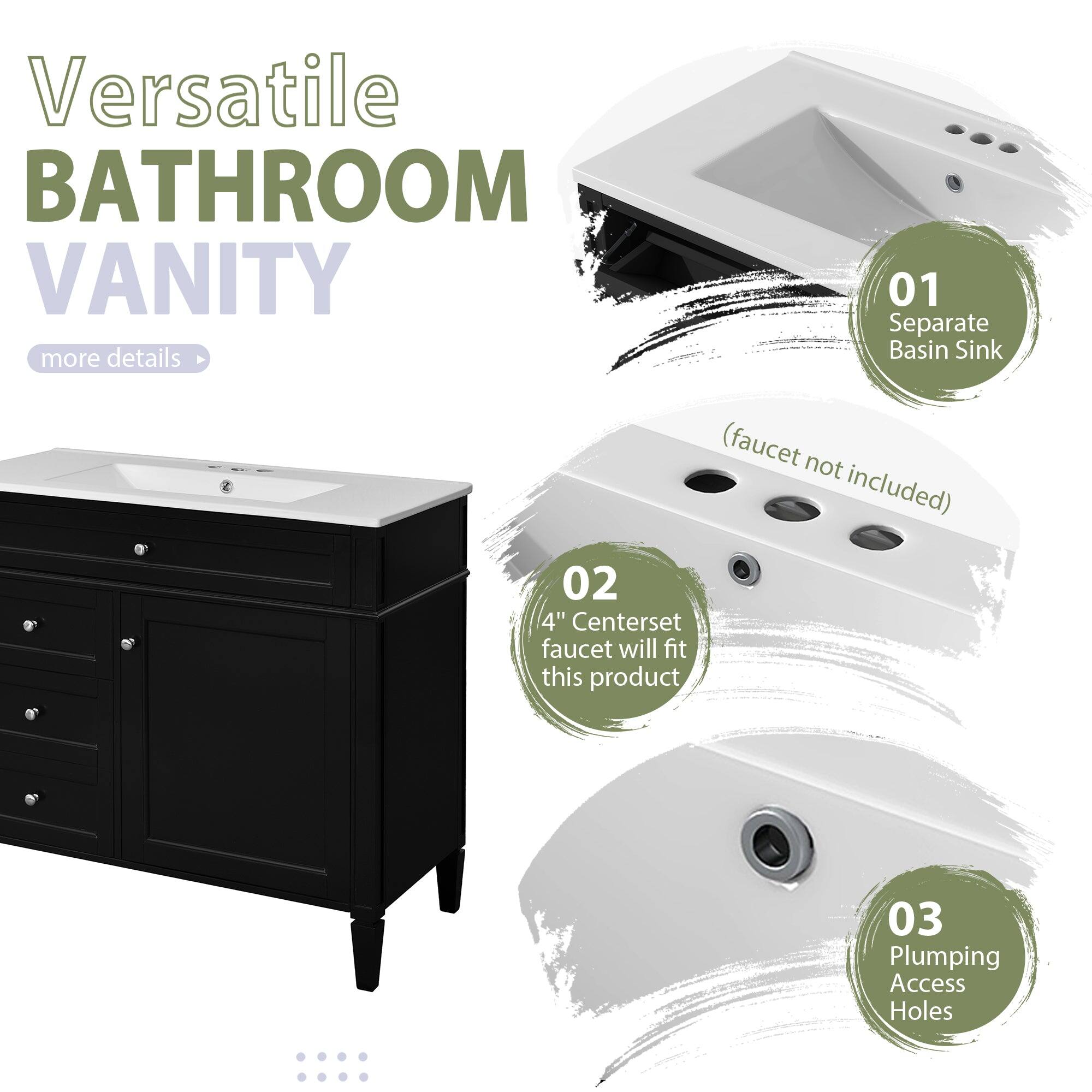 Versatile BATHROOM VANITY  
more details  

01 Separate Basin Sink (faucet not included)  
02 4" Centerset faucet will fit this product  
03 Plumbing Access Holes