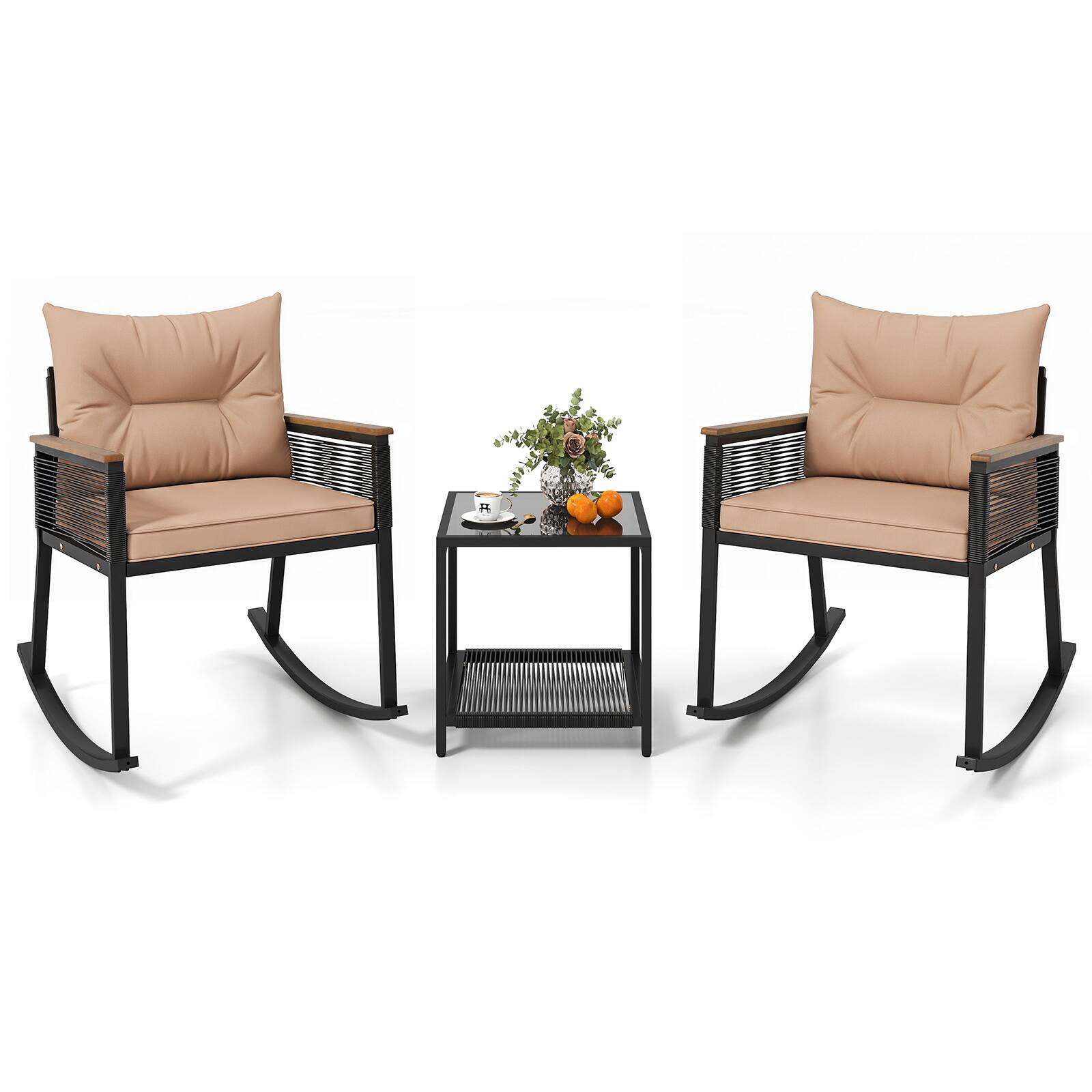 Alt View 1. Costway - Costway 3 PCS Outdoor Rocking Bistro Set with 2-Tier Coffee Table, Acacia Wood Armrests - Black+Brown.