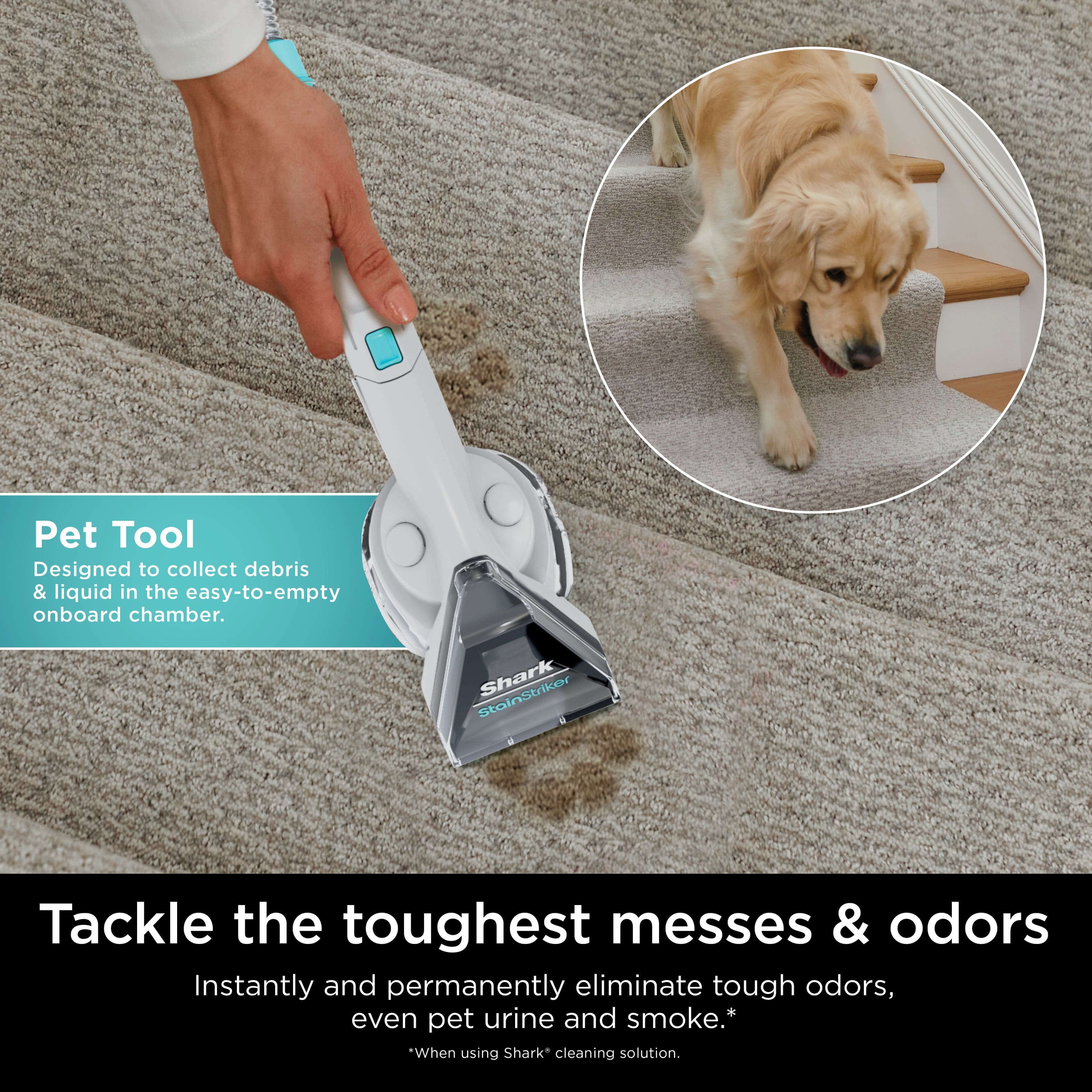 Pet Tool Designed to collect debris & liquid in the easy-to-empty onboard chamber. Striker Shark Tackle the toughest messes & odors Instantly and permanently eliminate tough odors, even pet urine and smoke. * *When using Shark* cleaning solution.