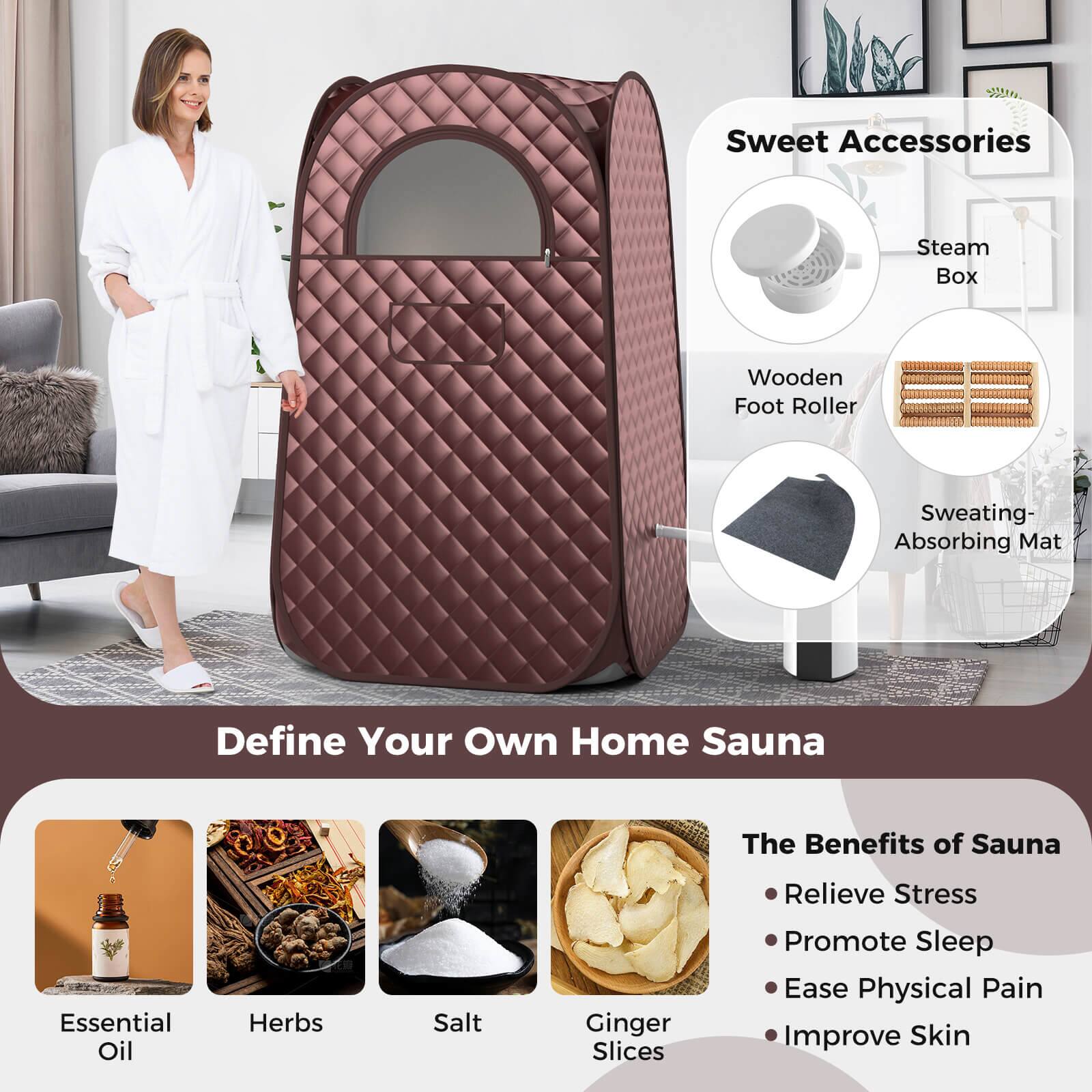 The text on the image can be grouped and corrected as follows:

1. Sweet Accessories: Additional items that can enhance the sauna experience.
2. Steam Box: A container for holding hot water to create steam.
3. Wooden Foot Roller: A tool for massaging the feet during the sauna experience.
4. Sweating-Absorbing Mat: A mat that helps absorb sweat and moisture during the sauna.
5. Define Your Own Home Sauna: A guide to creating a personalized sauna experience.
6. The Benefits of Sauna: An overview of the various health benefits associated with sauna use.
7. Essential Oil: Aromatherapy oils that can be used to enhance the sauna experience.
8. Herbs: Natural ingredients that can be used to create a relaxing and therapeutic atmosphere.
9. Salt: A natural mineral that can be used to enhance the sauna experience.
10. Ginger Slices: A spicy and warming ingredient that can be added to the sauna for a unique flavor.
11. Relieve Stress: A benefit of sauna use is its ability to help reduce stress and anxiety.
12. Promote Sleep: Sauna use can also help improve sleep quality and promote relaxation.
13. Ease Physical Pain: The warmth and relaxation of a sauna can help alleviate physical pain and discomfort.
14. Improve Skin: The heat and moisture of a sauna can help improve skin health and appearance.