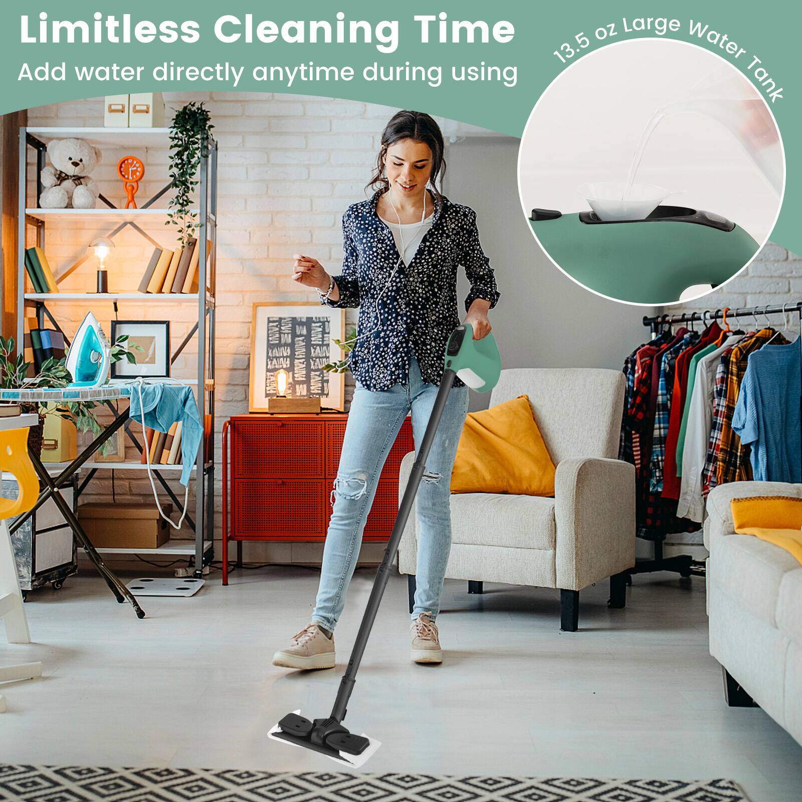 Limitless Cleaning Time, Add water directly anytime during using, 13.5 oz Large Water Tank