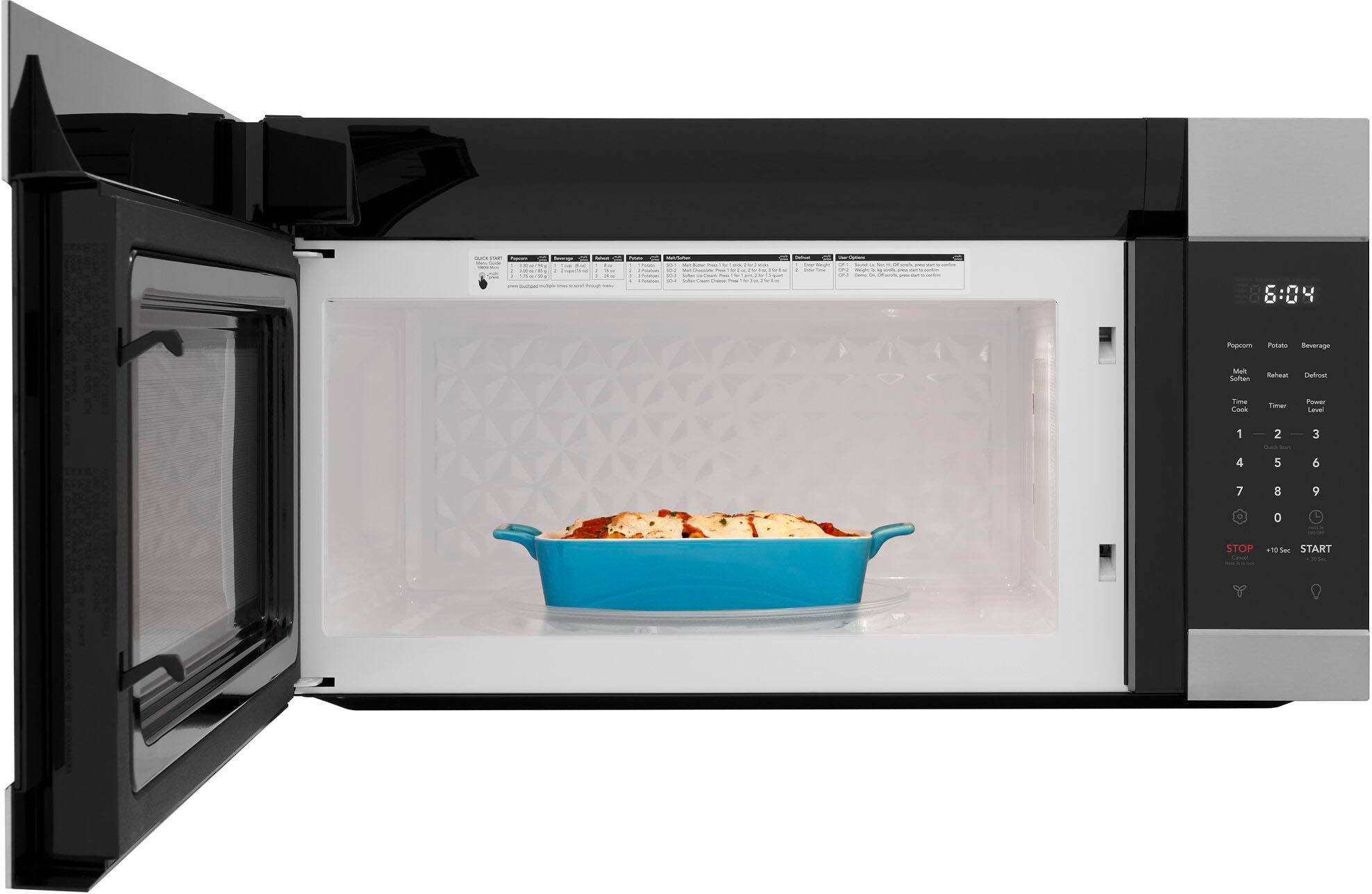 The text on the image reads: "Porca Prontats Beverage Mul Soten Raheal Cedonc Time Cook TA Poower Leval 1 4 2 I 5 3 6 7 8 9 o 0 STOP 105 X START." This text seems to be a combination of random words and numbers, possibly related to the microwave or its settings. It is not clear what the actual purpose of this text is, but it does not provide any useful information about the microwave or its operation.