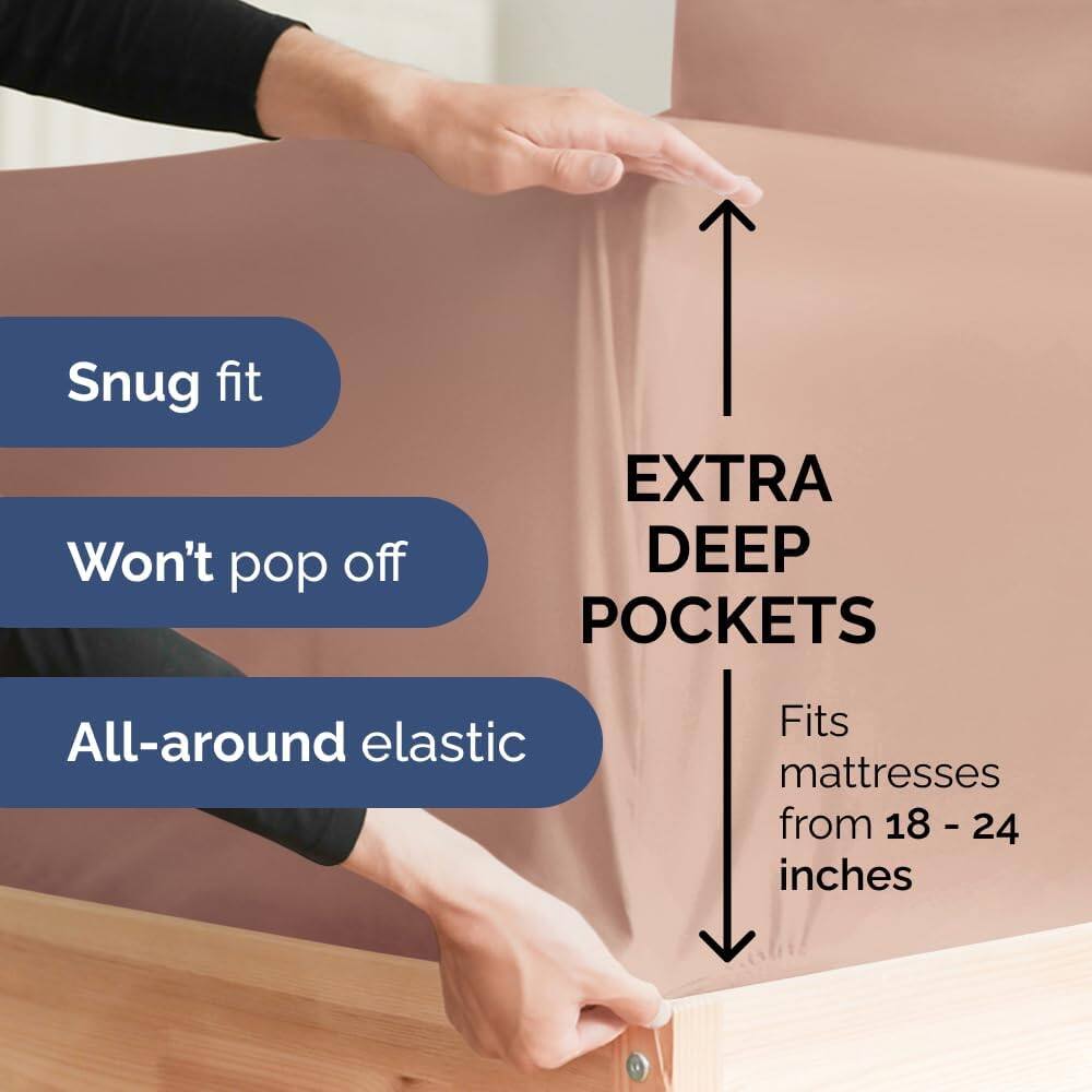 Snug fit  
Won't pop off  
EXTRA DEEP POCKETS  
All-around elastic  
Fits mattresses from 18 - 24 inches